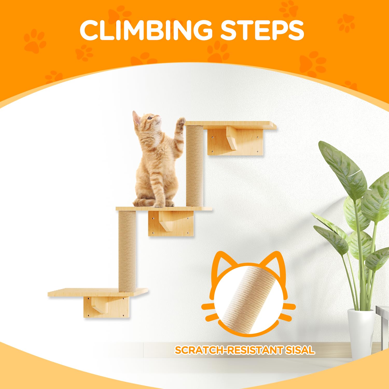 Meowhomm Cat Wall Shelves, Set Of 5 Wooden Cat Wall Furniture With Cat Condo, Cat Scratching Post With 3 Steps, Bridge, Cat Hamm
