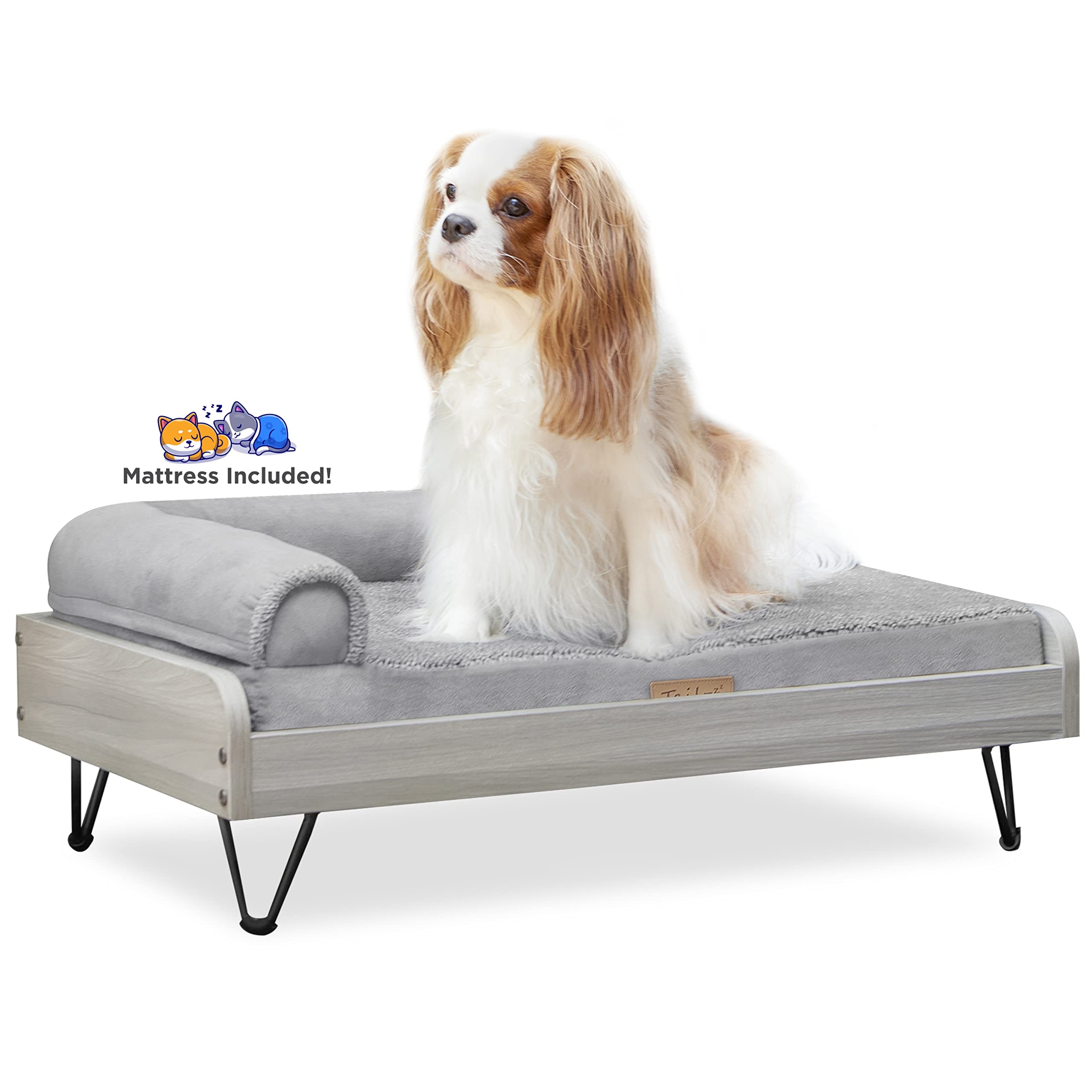 Tailzzz Wooden Dog Bed With Water Resistant Mattress, Small To Medium Elevated Pet Bed With Calming Mattress, Greenguard Gold Ce