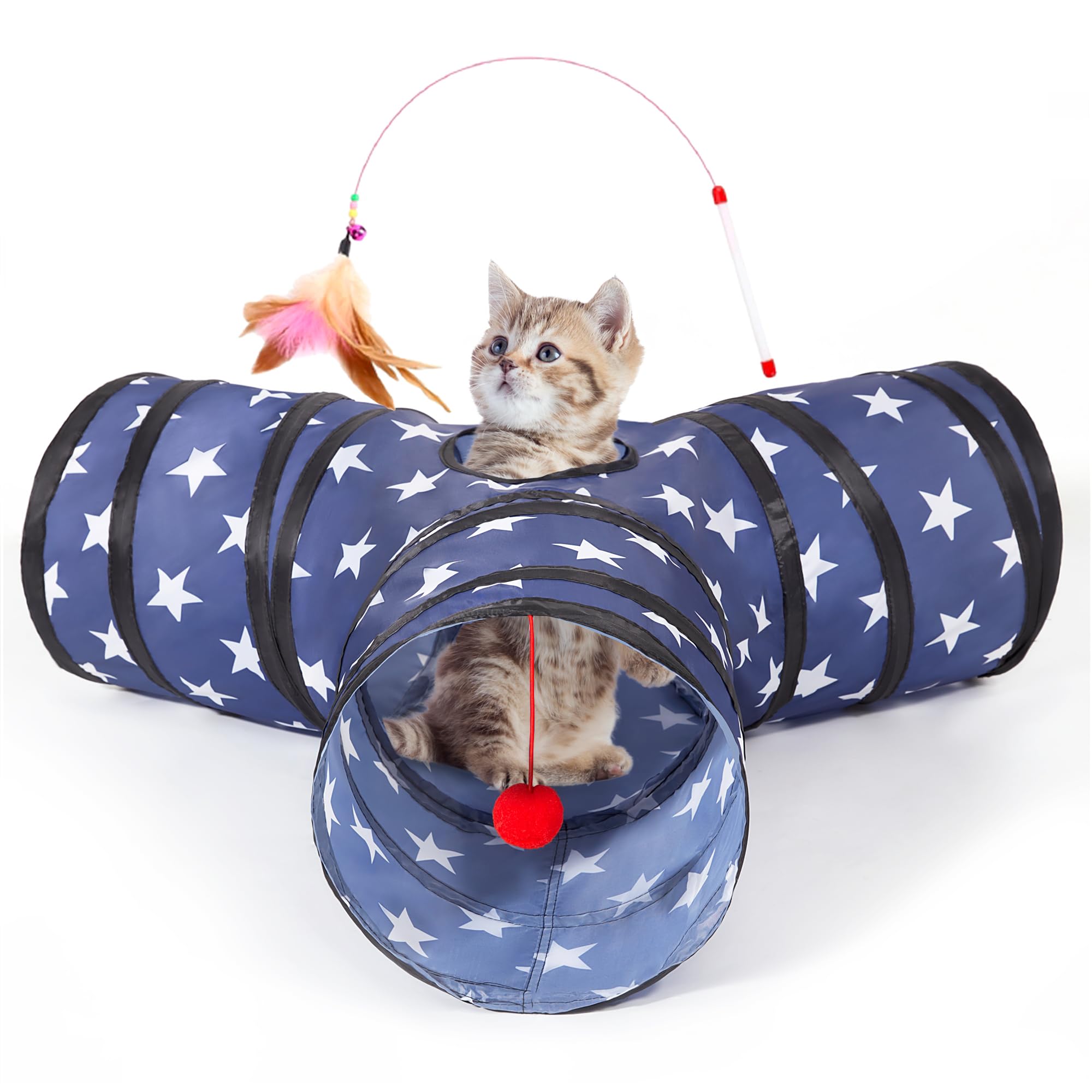 Tempcore Pet Cat Tunnel Tube Cat Toys 3 Way Collapsible, Cat Tunnels For Indoor Cats，Kitty Tunnel Bored Cat Pet Toys Peek Hole Toy Ball Cat, Puppy, Kitty, Kitten, Rabbit Pentagram