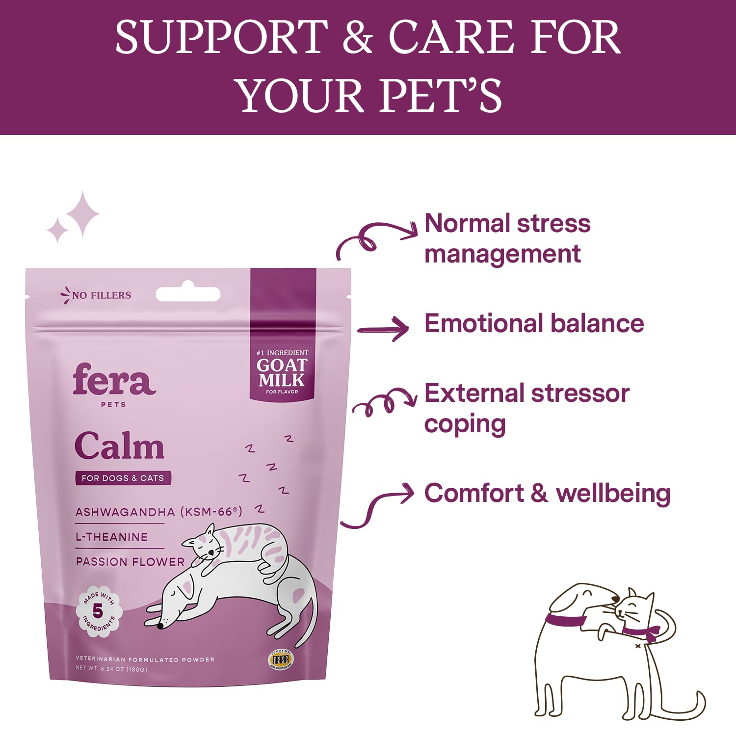 Fera Pet Organics Calming Goat Milk Cat & Dog - Vet Created - Pet Anxiety, Stress & Hyperactivity - Ashwagandha Supplement with