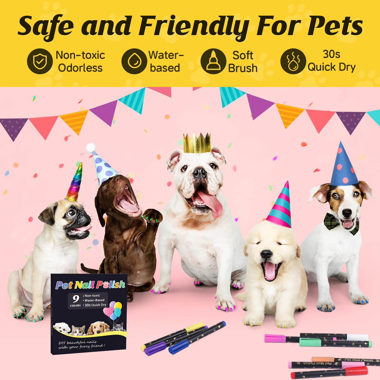 Cherocito Dog Nail Polish Pens Set - 9 Colors, Quick Dry, Non-Toxic Water-Based, Ideal for DIY Pet Nails, Safe for Dogs & Cats