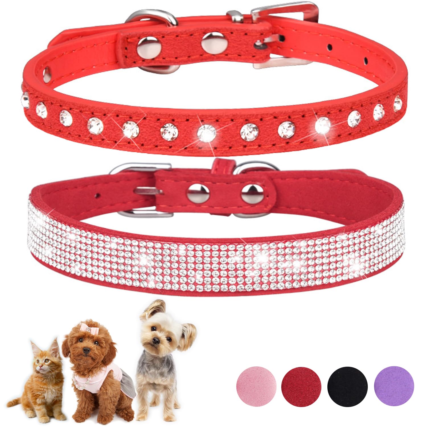 Red Diamond Dog Collar Xs, 2-Pack Bling Cat Collar Soft Suede Glitter Rhinestone Jewelry Crystal Girl Puppy Collar With Bow For 
