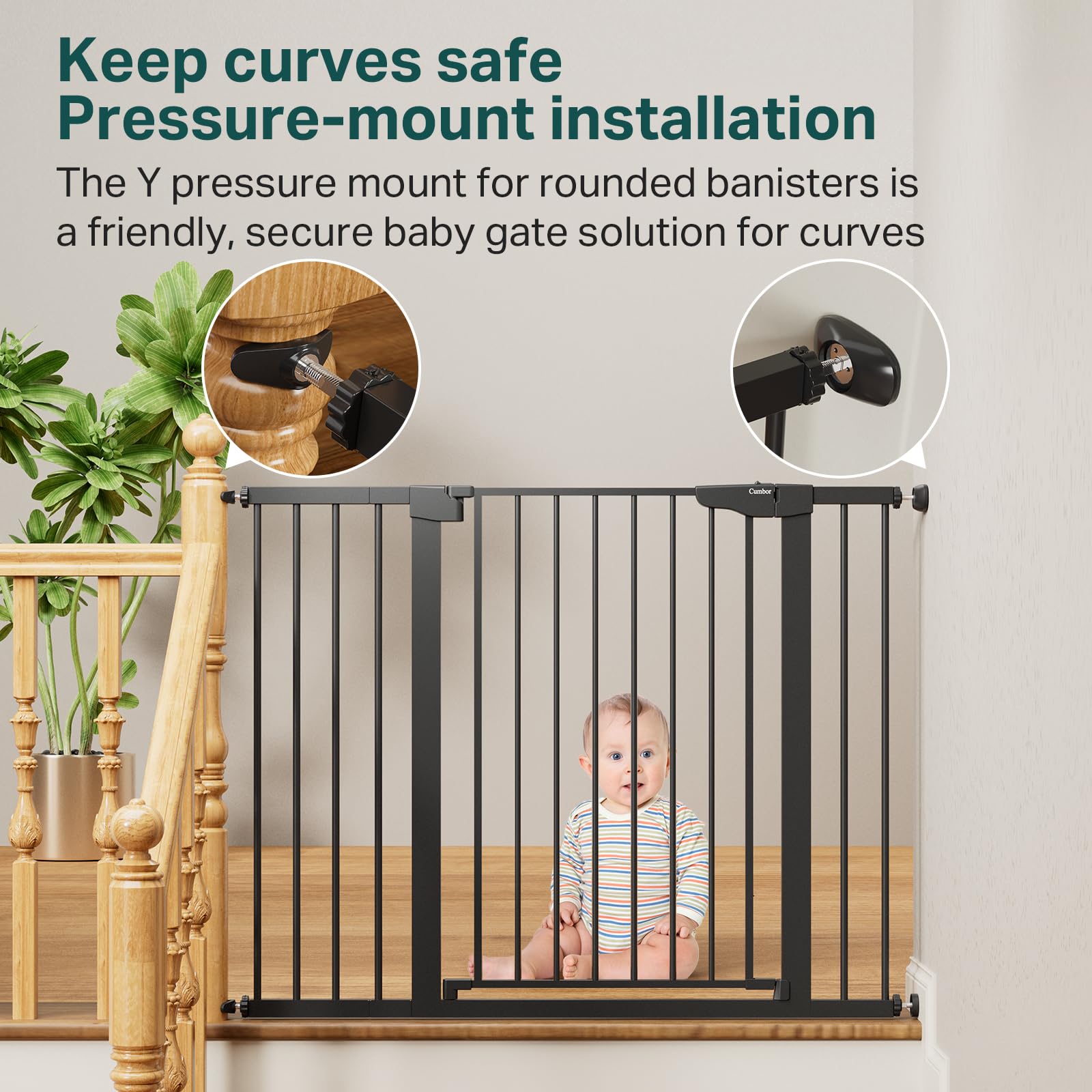 Cumbor 36' Extra Tall Baby Gate For Stairs, 29.7-48' Wide Dog Gates For Doorways, Auto Close Safety Gate For Babies And Pets, Easy Install, Pressure Mounted, Fits Doorways, Stairs, Entryways, Black