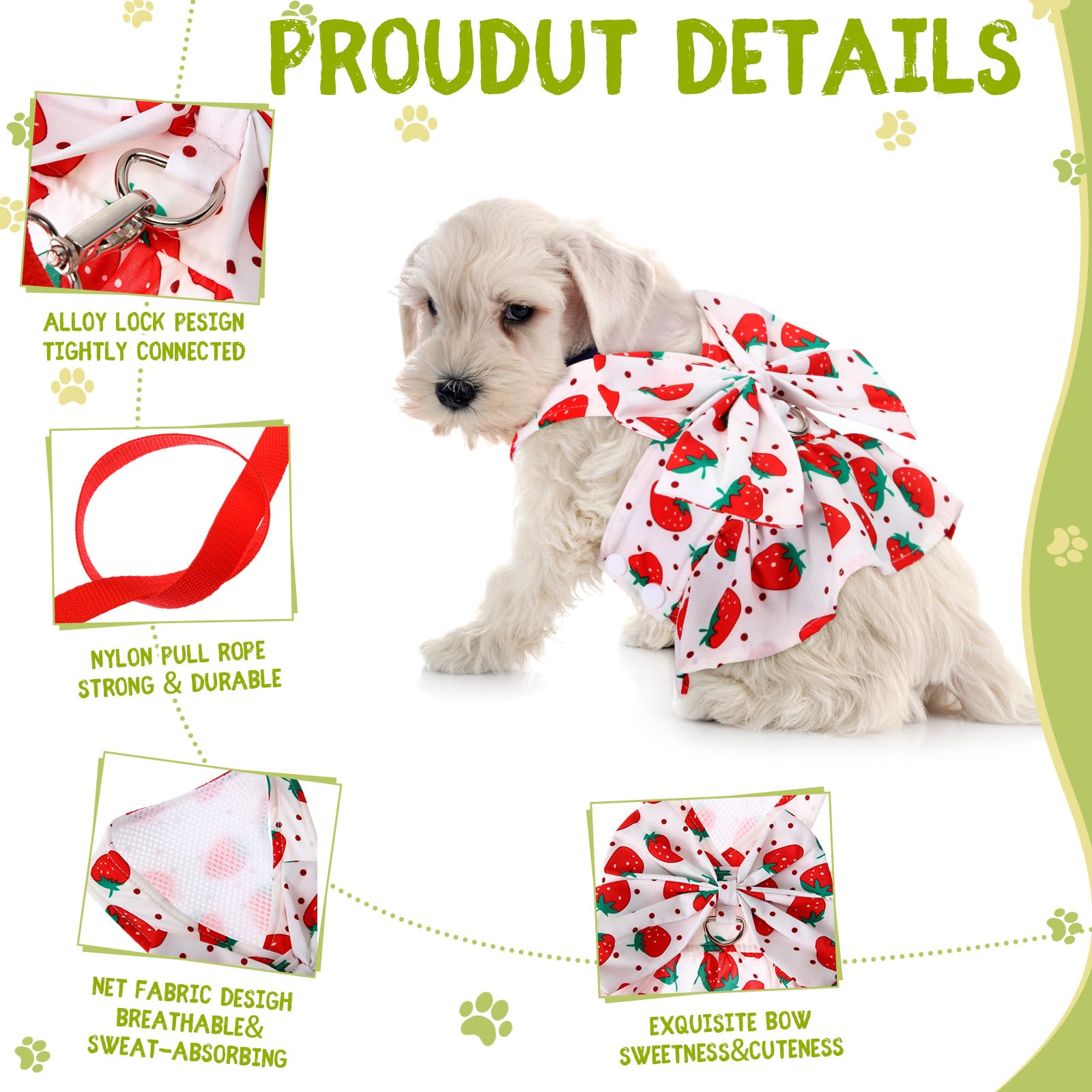 Bulyoou 3 Pieces Dog Harness Dress And Leash Set Cute Female Dog Dresses Assorted Styles Puppy Clothes Breathable Polyester Pet