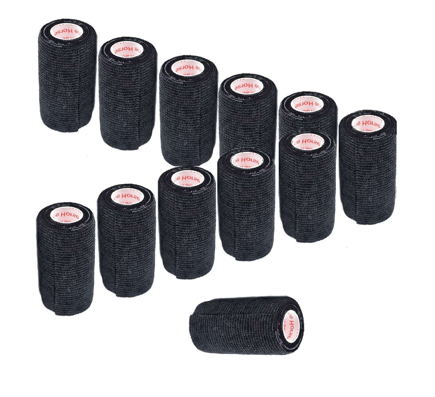 3 Inch Vet Wrap Tape Bulk (Black) (Pack of 12) Self Adhesive Adherent Adhering Flex Bandage Grip Roll for Dog Cat Pet Horse
