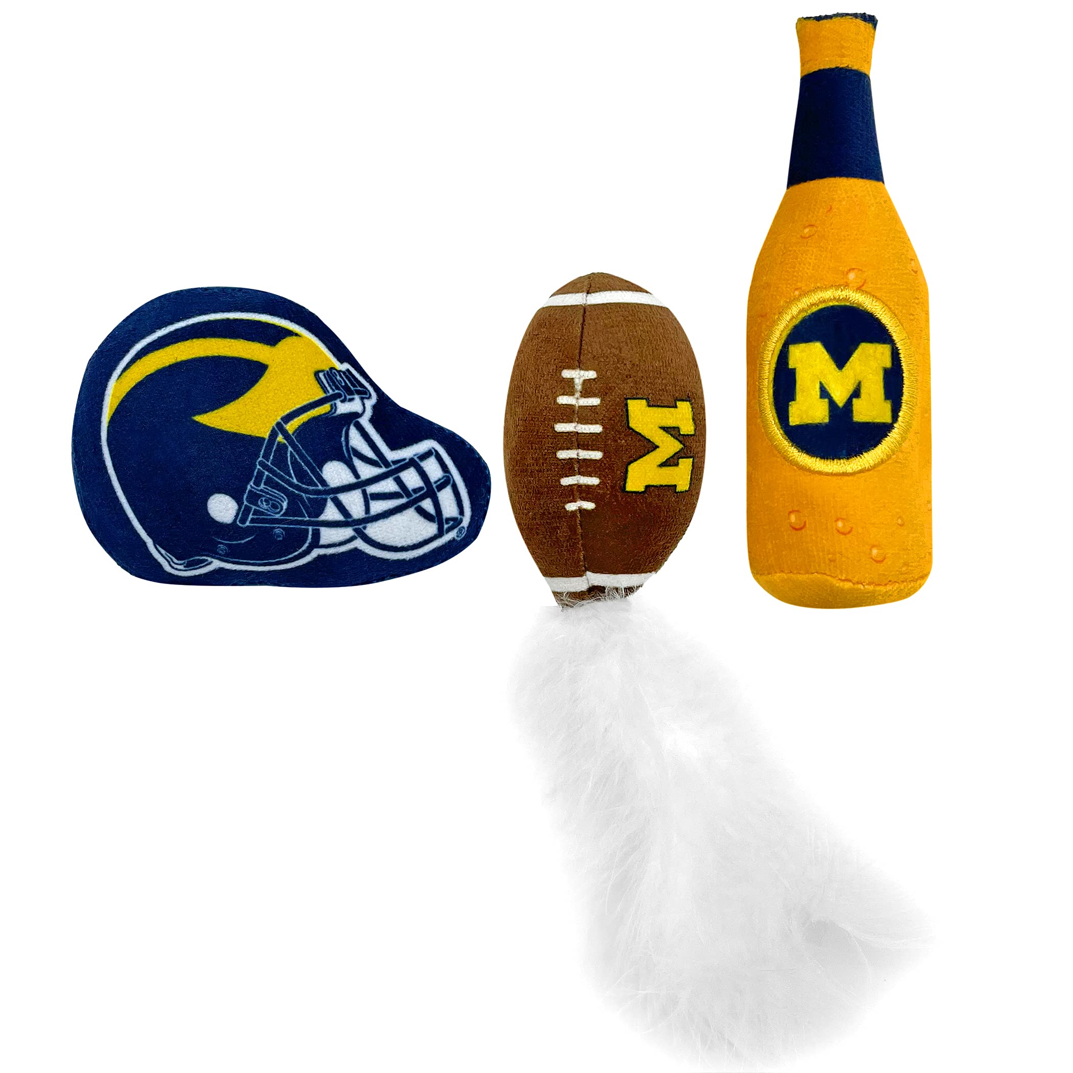 Best Plush Cat Toy Ncaa Michigan Wolverines Complete Set Of 3 Piece Cat Toys Filled With Fresh Catnip. Includes: 1 Helmet Cat Toy, 1 Football Cat Toy With Feathers & 1 Beer Bottle. Beautiful Team Logo