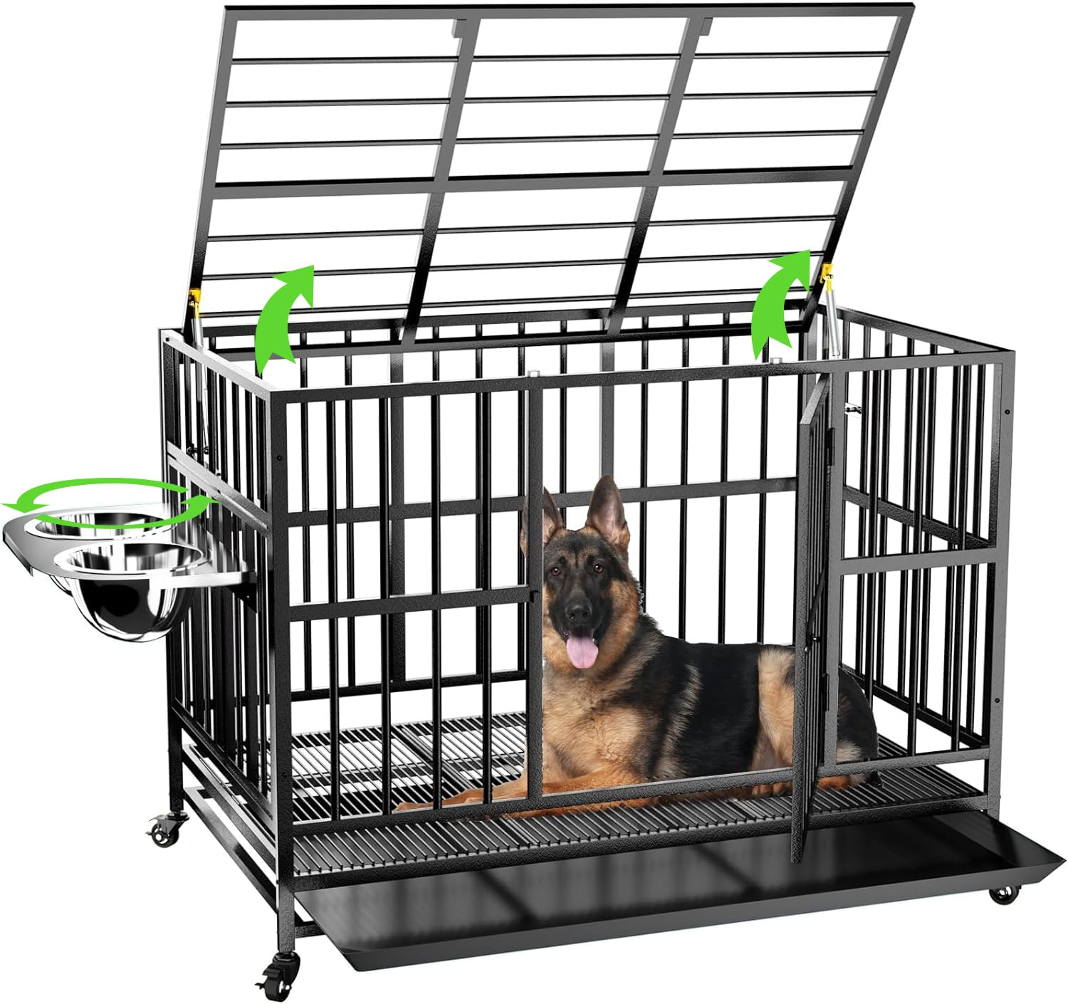 MODCART 48 Heavy Duty Dog Crate with Wheels/Unique Air Lift Rod / 360 & Adjustable 2 Bowls/Removable Dog Cage Tray Extra Large X