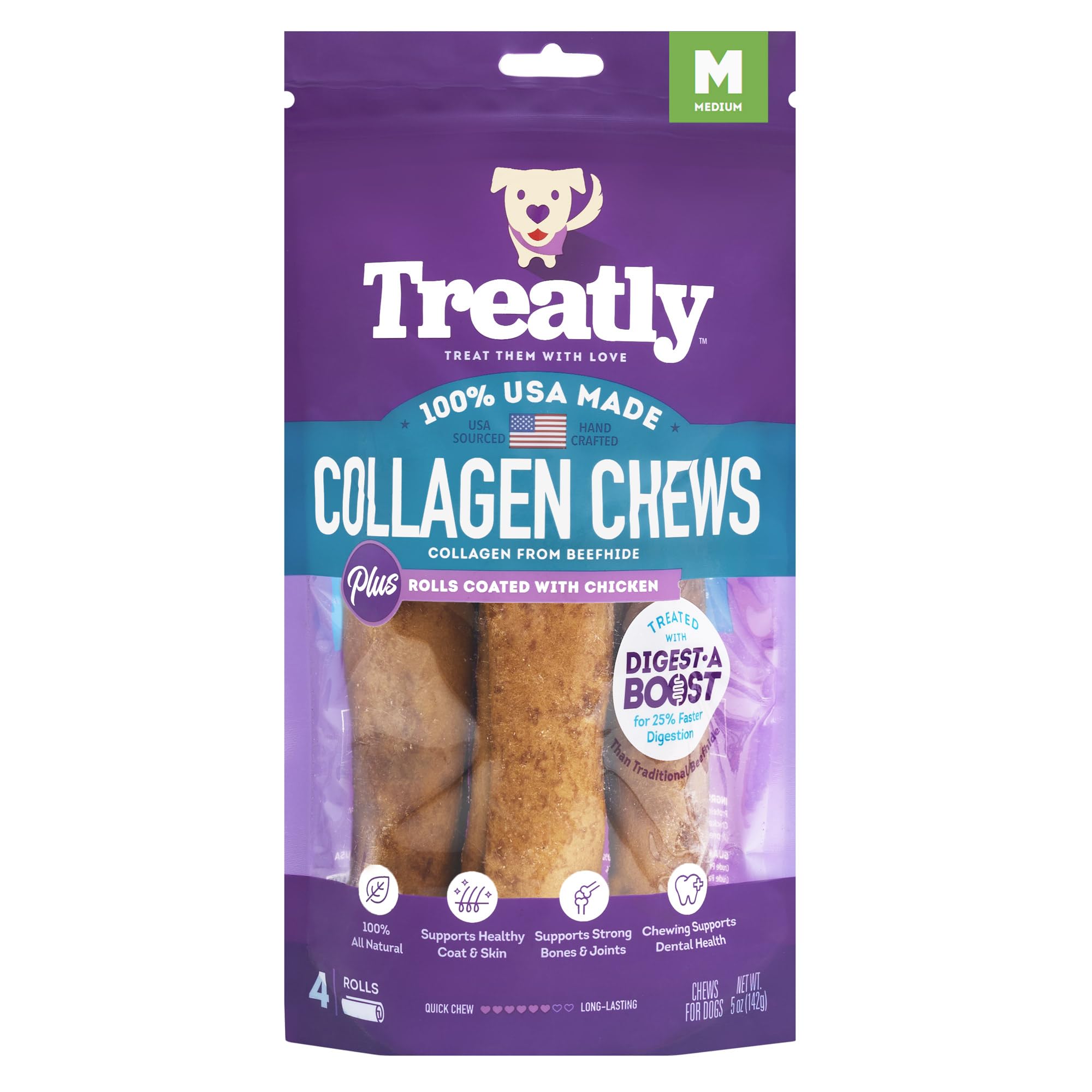 Treatly USA Collagen Rolls 6-7 Dog Chew Treats - Chicken Meat Flavor, 4 Count/1 Pack