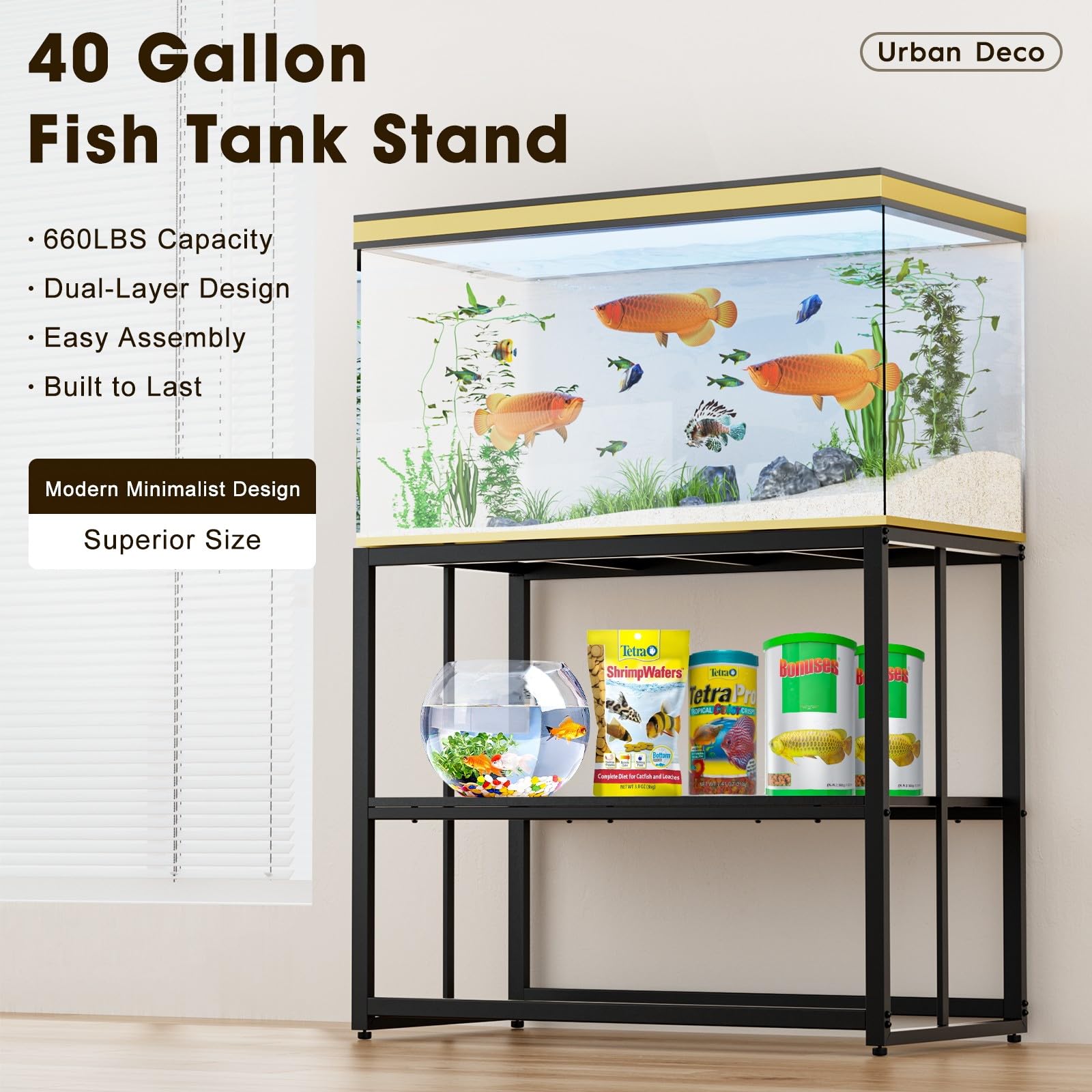 Urban Deco 40 Gallon Fish Tank Stand 660Lbs Capacity For Aquarium Stand Metal Fish Tank Stand 38.2''X18.5''X29.5'' Dual-Layer De
