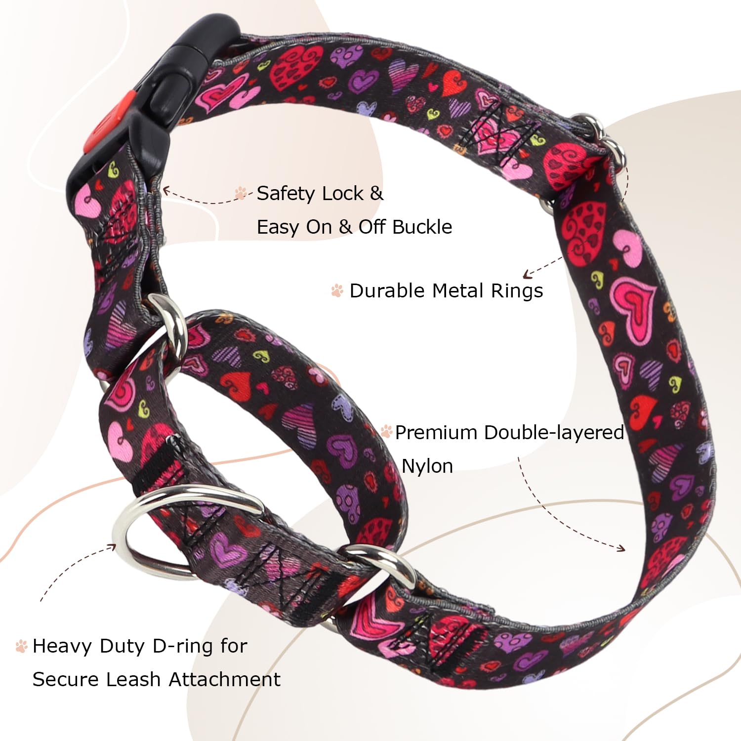 Martingale Collar For Dogs, Girl Dog Collar With Love Heart Design For Small Medium Large Dogs, Adjustable Safety Buckle Dog Col