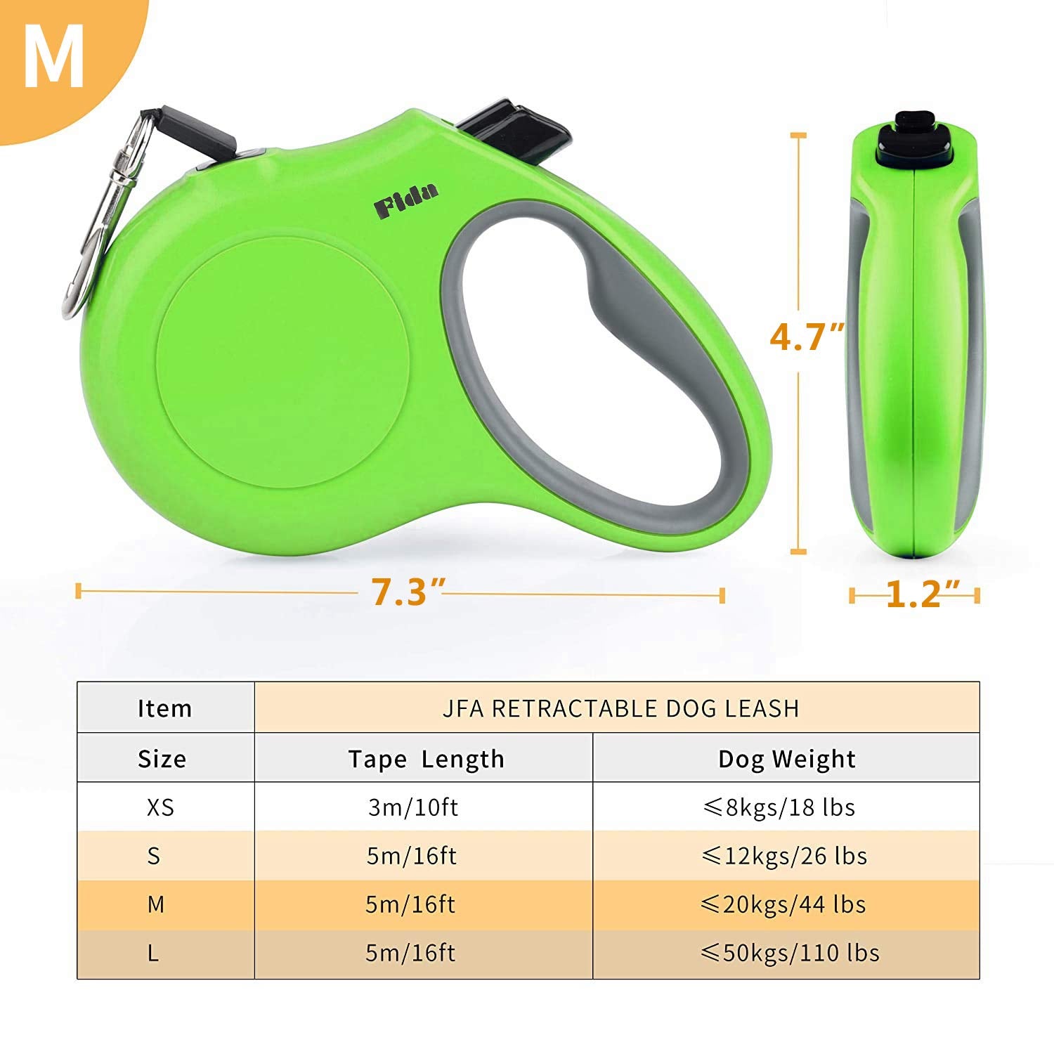 Fida Retractable Dog Leash, 16Ft Heavy Duty Pet Walking Leash For Medium Dog Or Cat Up To 44 Lbs, Tangle Free. One-Hand Brake (Medium, Green)