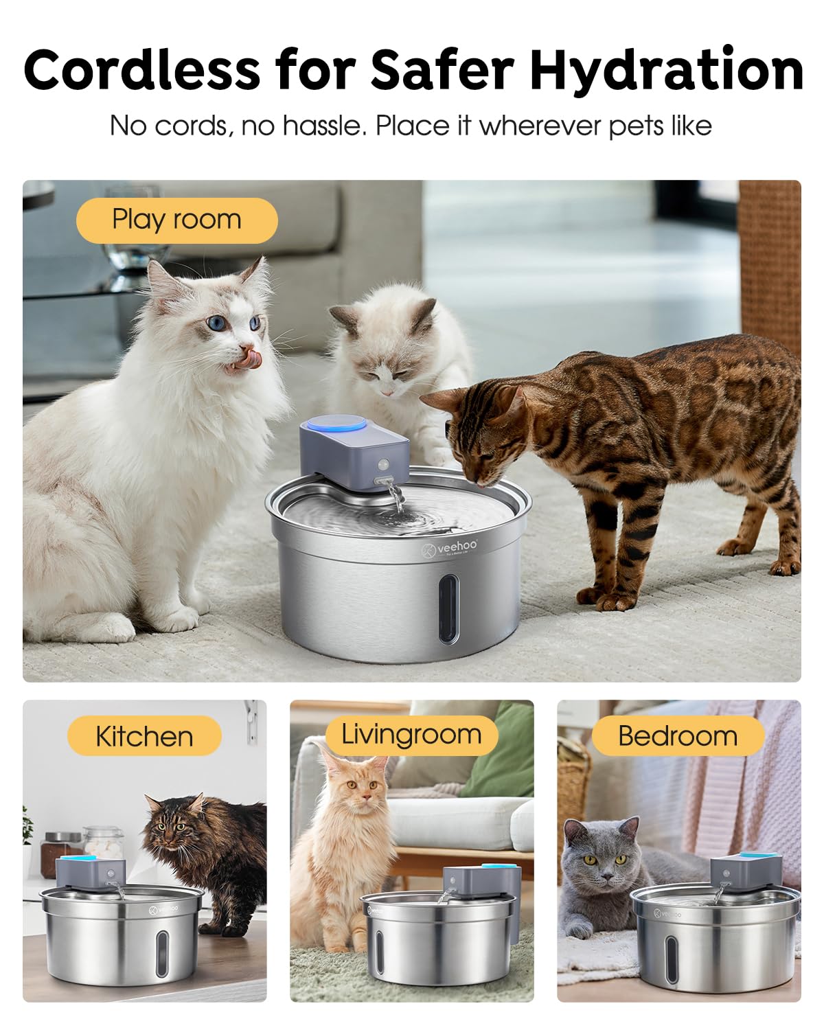 Veehoo 5L/169Oz Wireless Stainless Steel Cat Water Fountain 5000Mah Battery Operated Rechargeable Pet Dog Water Dispenser Indoor