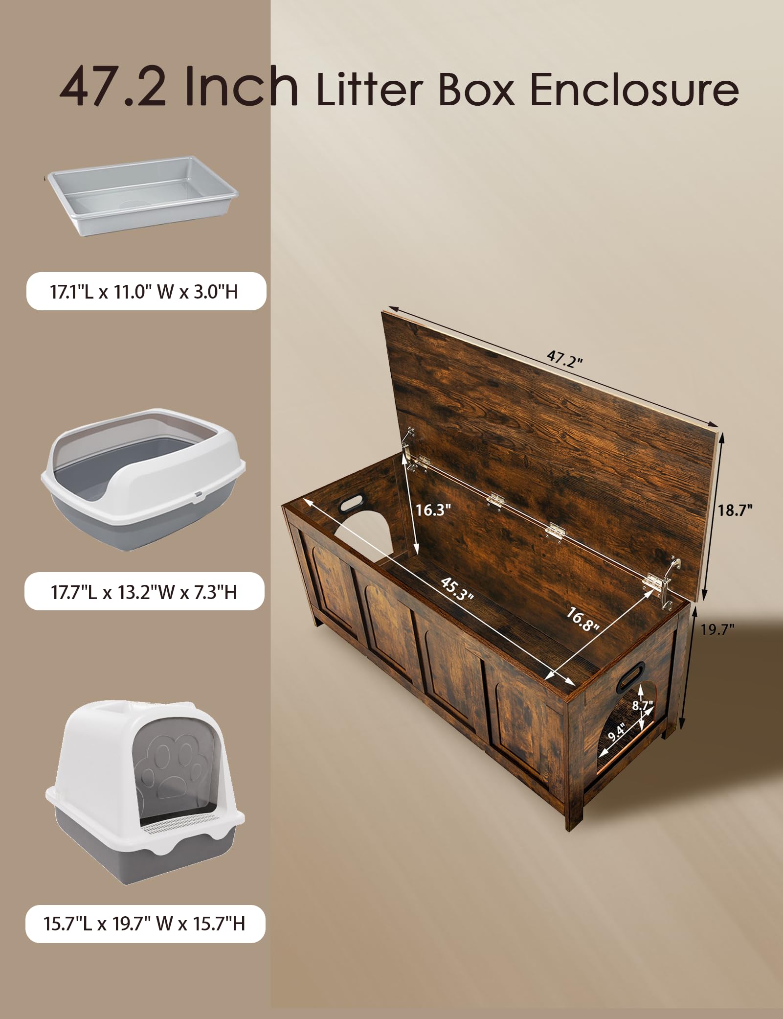 Dinzi Lvj Cat Litter Box Enclosure, Flip Top Litter Box Furniture, Hidden Cat Washroom, 2-Entrances Wooden Pet House, 47.2''L X