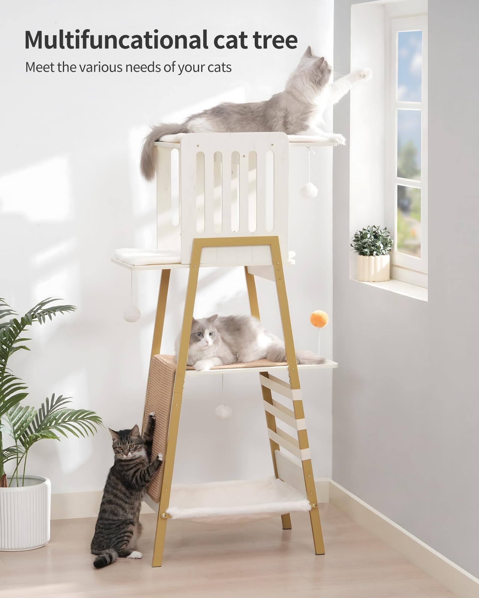 FourFurPets Modern Cat Tree, 58-Inch Cat Tower for Large Cats, Maine Coon Cat Tree with Scratching Board, Large Perch, Hammock a