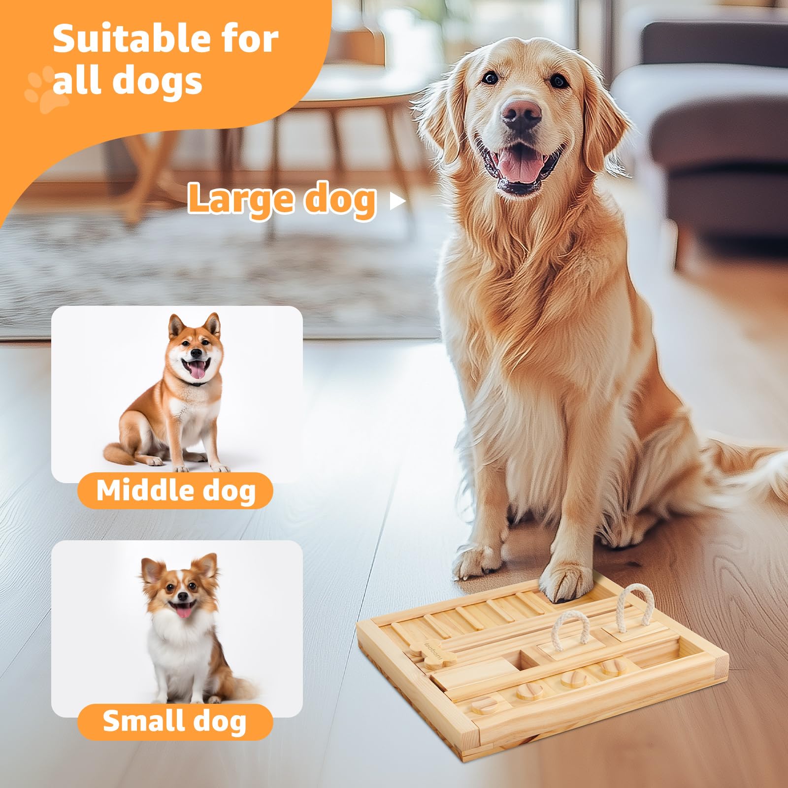 LOOBANI Dog Puzzle Toys - Wooden Interactive Slow Feeder, L-Square Slide Puzzle for Small to Large Dogs, Model OL-LB-FiveOne-CC