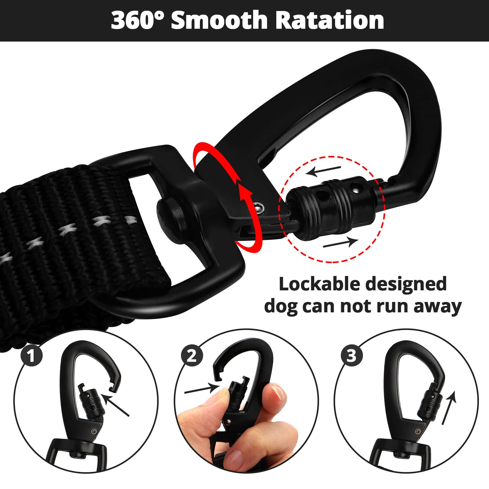 Rope Dog Leash 5 Ft: Heavy Duty Leashes With Swivel Lockable Hook Reflective Threads Bungee And Padded Handle - Dog Lead For Large Small Medium Dogs Outside Walking Hiking Black