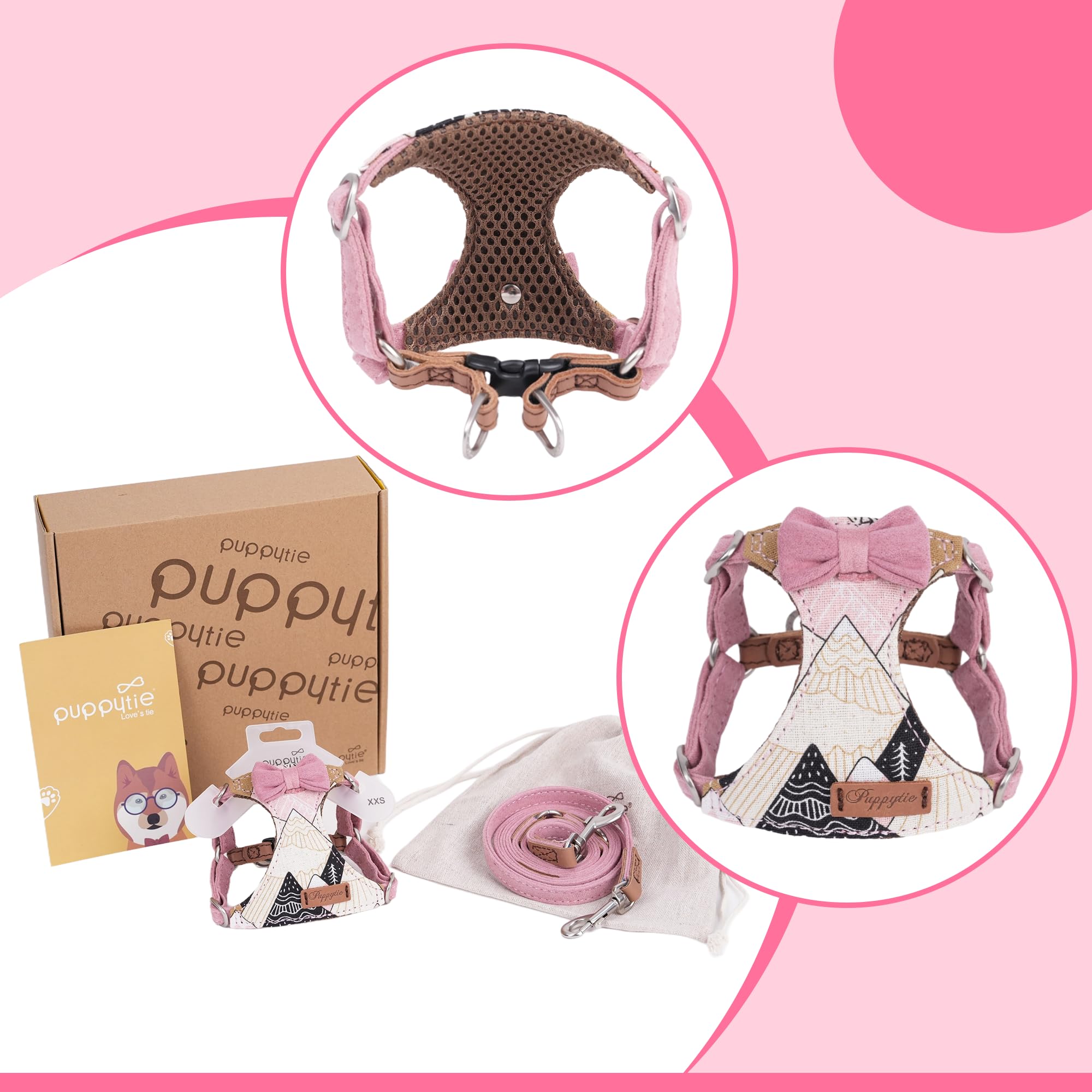 No Pull Xs Dog Harness With Multifunction Dog Leash,Soft Adjustable No Choke Escape Proof Pet Harness Vest,Suede Bow Pink,Xxs