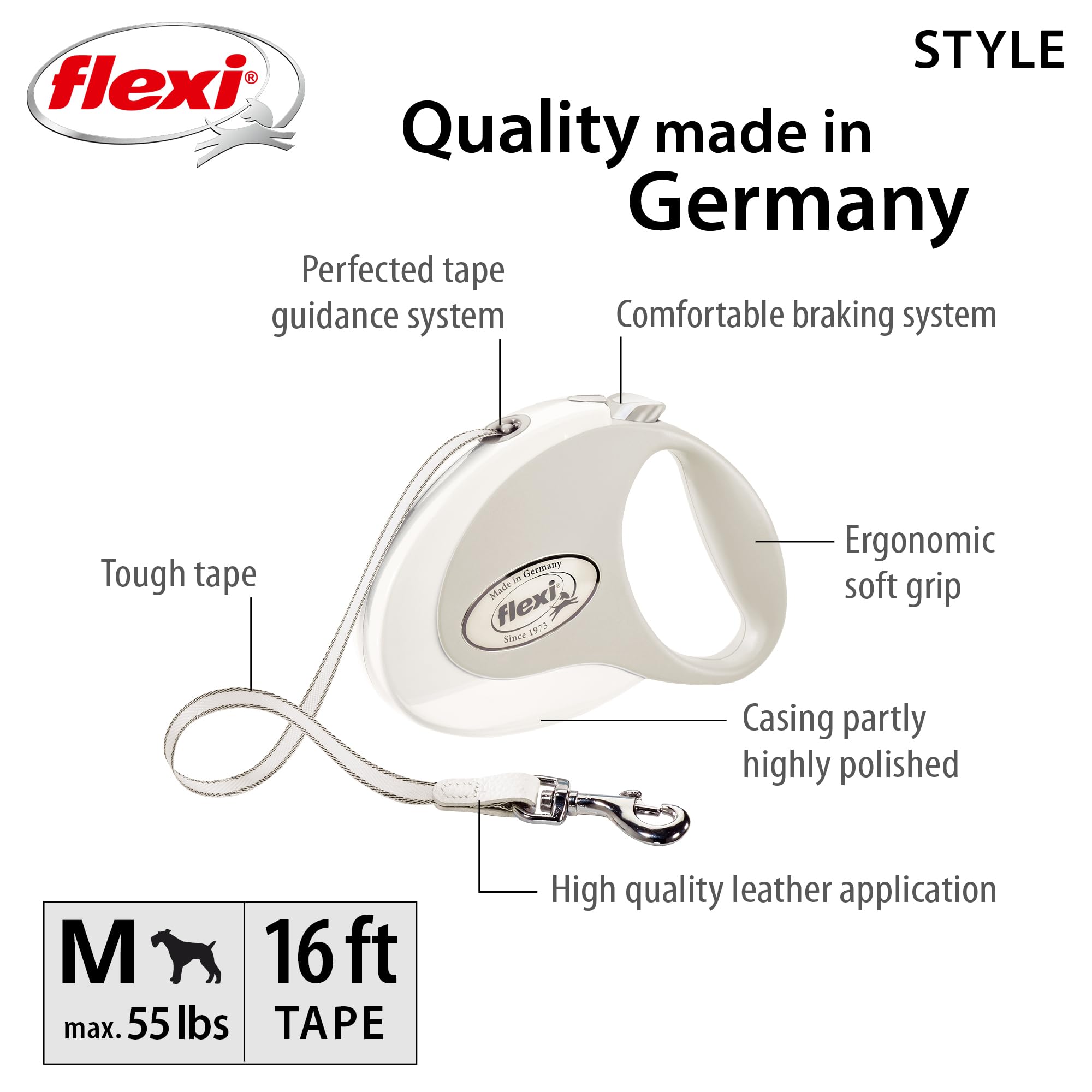 Flexi Style Retractable Dog Leash (Tape), Ergonomic, Durable And Tangle Free Pet Walking Leash For Dogs Up To 55 Lbs, 16 Ft, Med