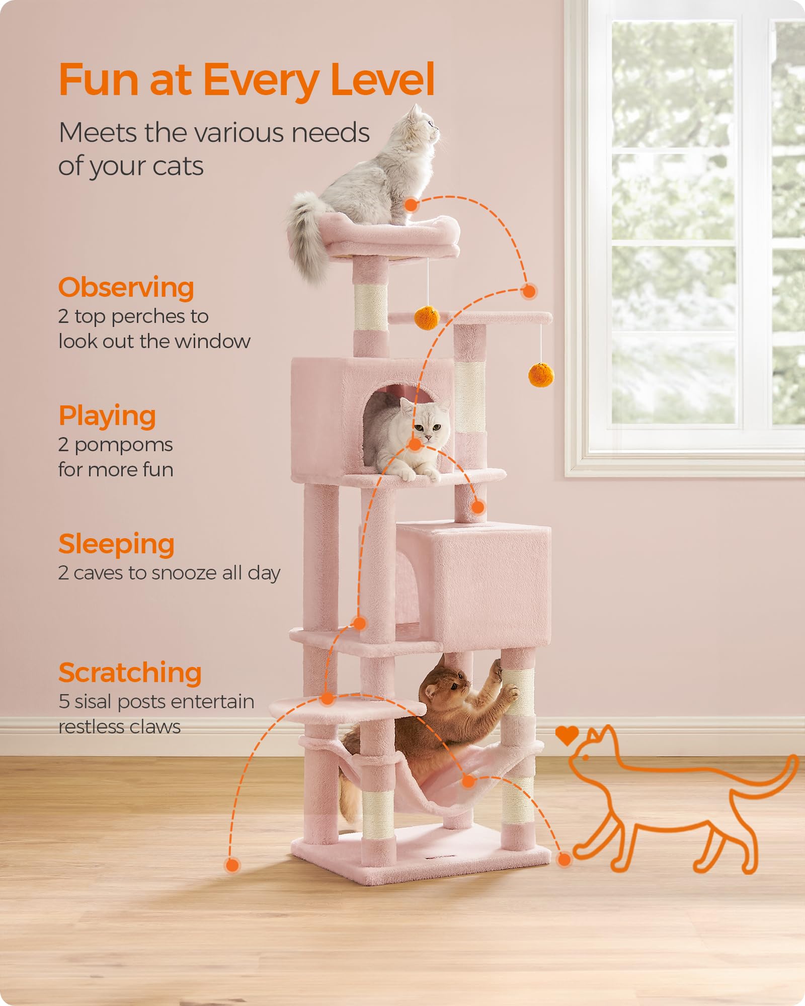 Feandrea Cat Tree, 61-Inch Cat Tower For Indoor Cats, Plush Multi-Level Cat Condo With 5 Scratching Posts, 2 Perches, 2 Caves, Hammock, 2 Pompoms, Jelly Pink Upct192P01