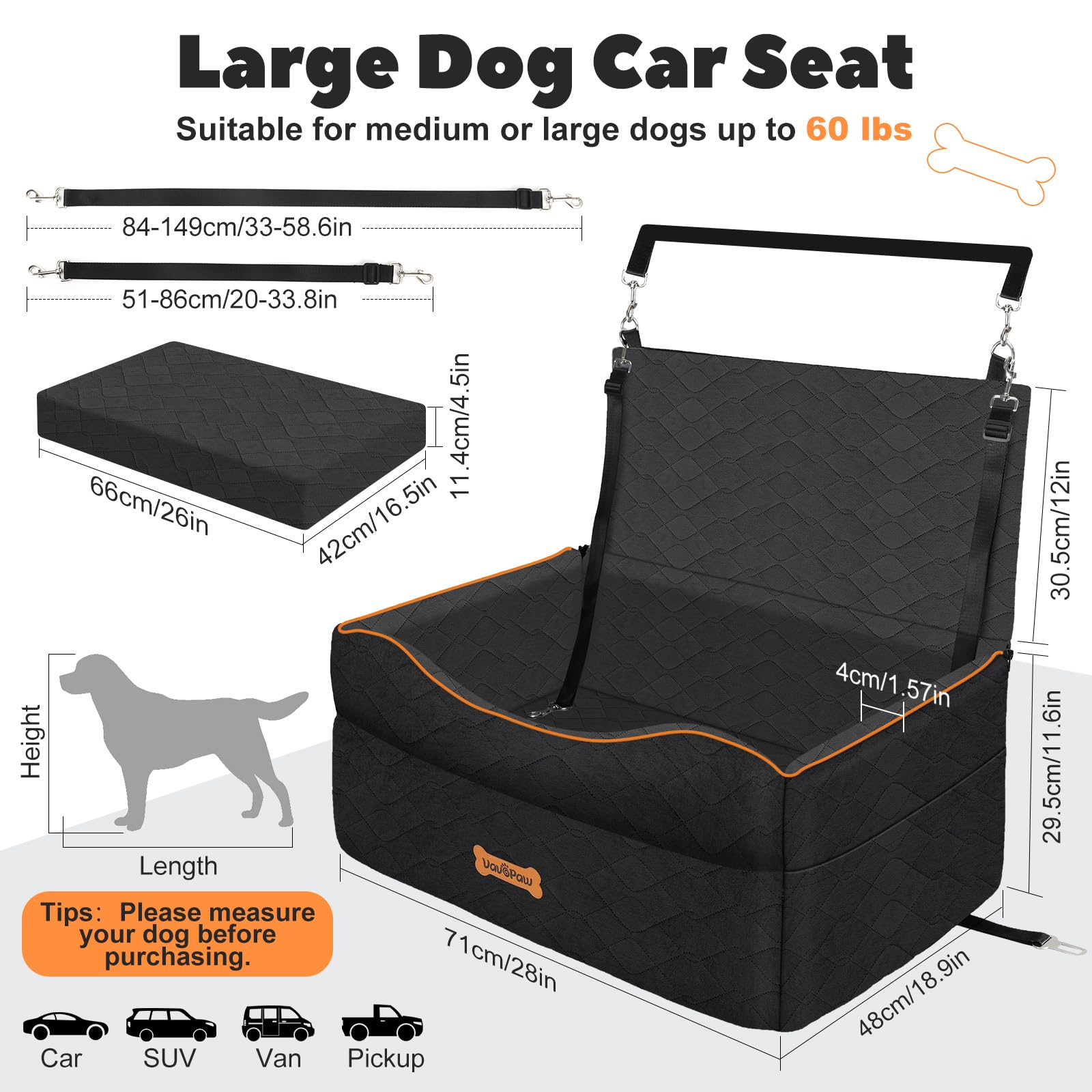 VavoPaw Large Medium Dog Car Seat, Dog Booster Seat Under 60Lbs or 2 Small Dogs Washable, Pet Car Seats with 2 Safety Leash, Dog
