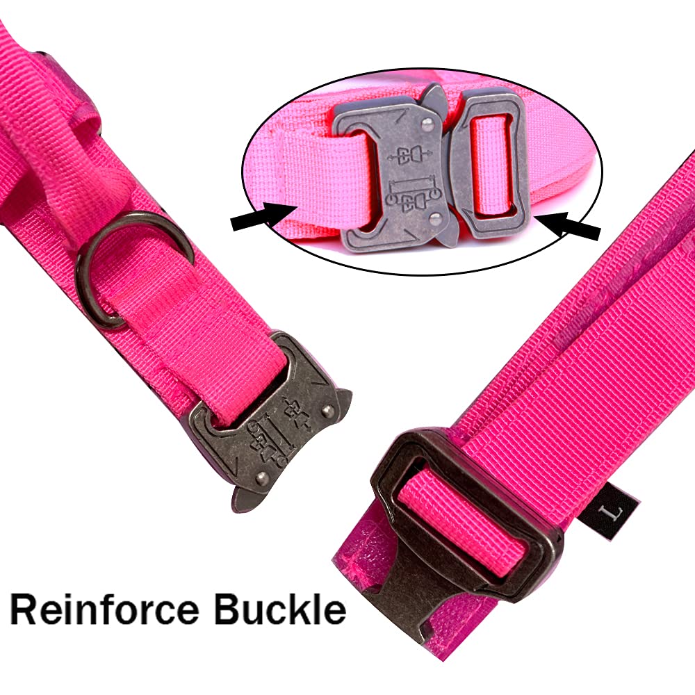 Tactical Dog Collar Military Dog Collar Adjustable Nylon Dog Collar Heavy Duty Metal Buckle With Handle For Dog Training (Pink,M)