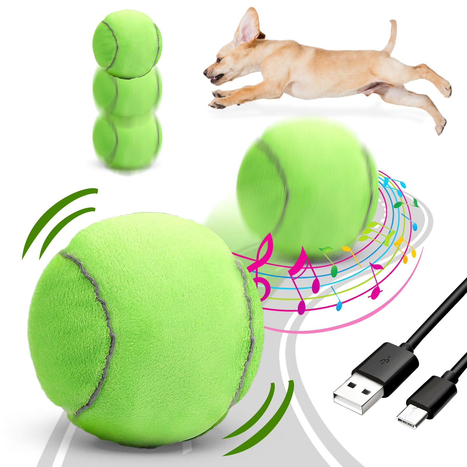 Interactive Dog Toys, Tennis Balls for Dogs with Pop Songs and Recording Mode, Rechargeable Active Self Moving Ball for Small/Me