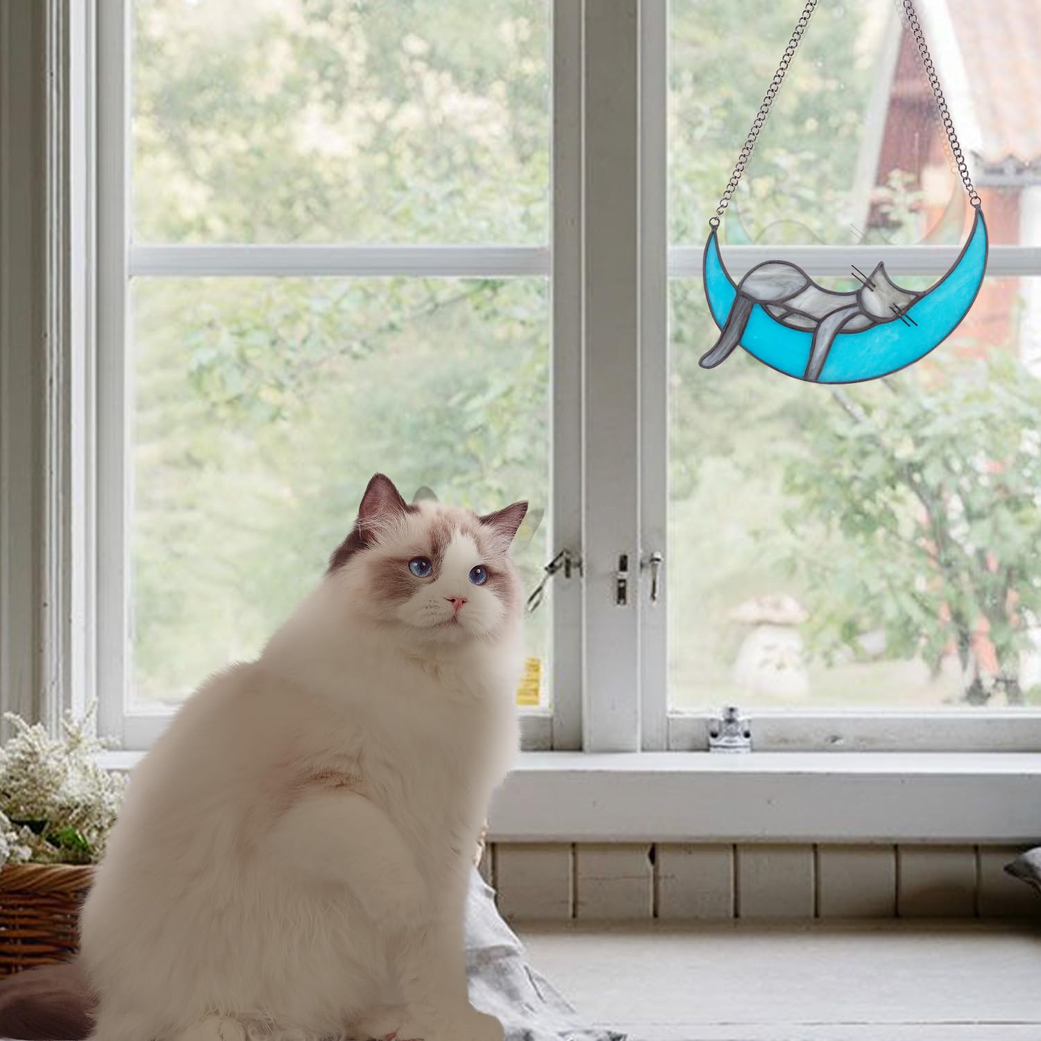 Kershyapet Rainbow Bridge Cat Memorial Gifts For Loss Of Cat Suncatcher, Handcrafted Stained Glass Window Hanging, Pet Loss Symp