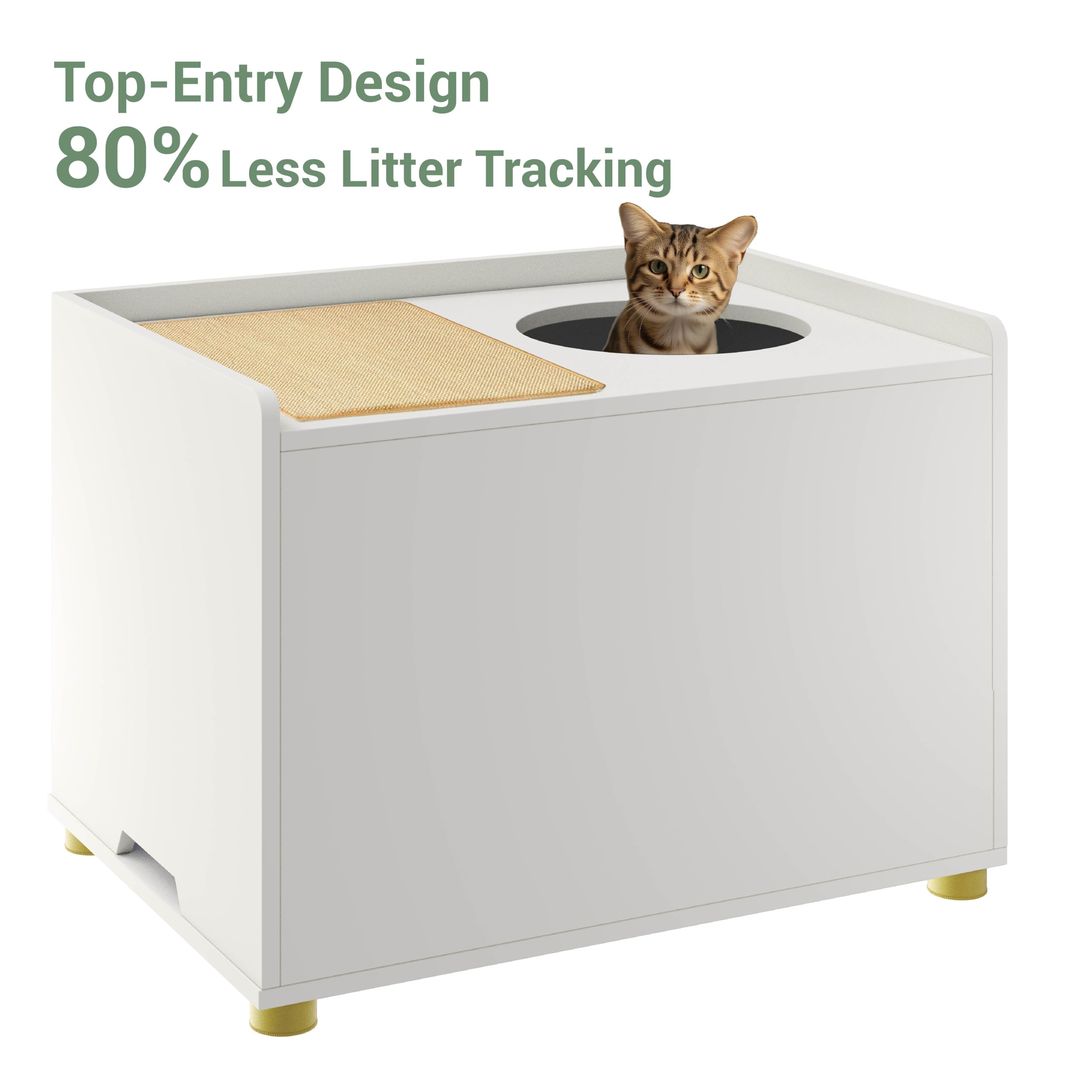 Amunrbrek Top Entry Litter Box Enclosure, Modern Flip Top Litter Box Furniture with Cat Scratch Mat, Side Table (White)