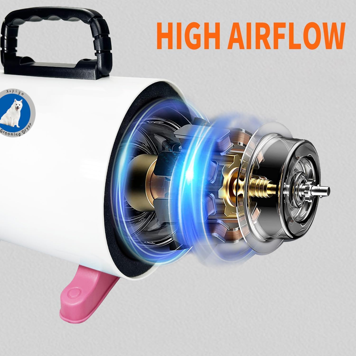 Xapigo High Velocity Dog Dryer - Adjustable Temperature & Speed, 4 Nozzles, White Pink, Model YC-001
