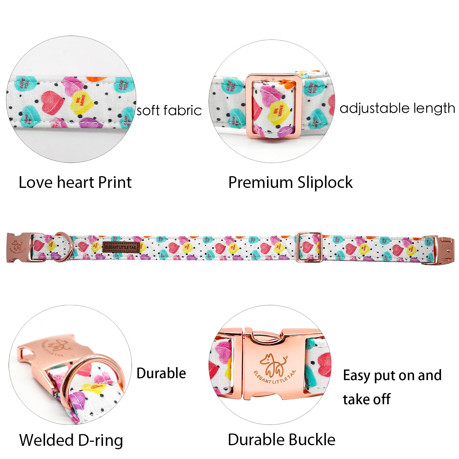 Elegant Little Tail Valentine's Day Collar - Pink Heart Cute Dog Collar, Adjustable for Small Dogs