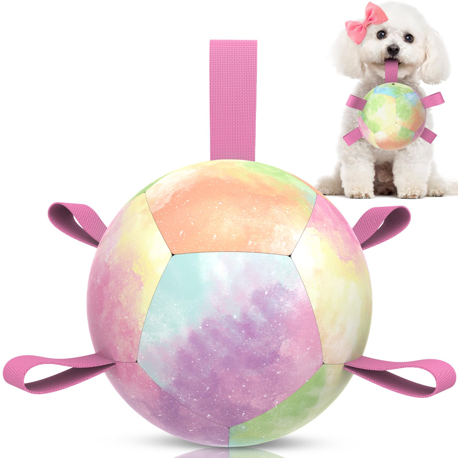 Qdan Dog Toys Soccer Ball With Straps, Durable Dog Balls For Tug Of War, Puppy Birthday Gifts, Dogs Water Toy Small Dogs-Rainbow