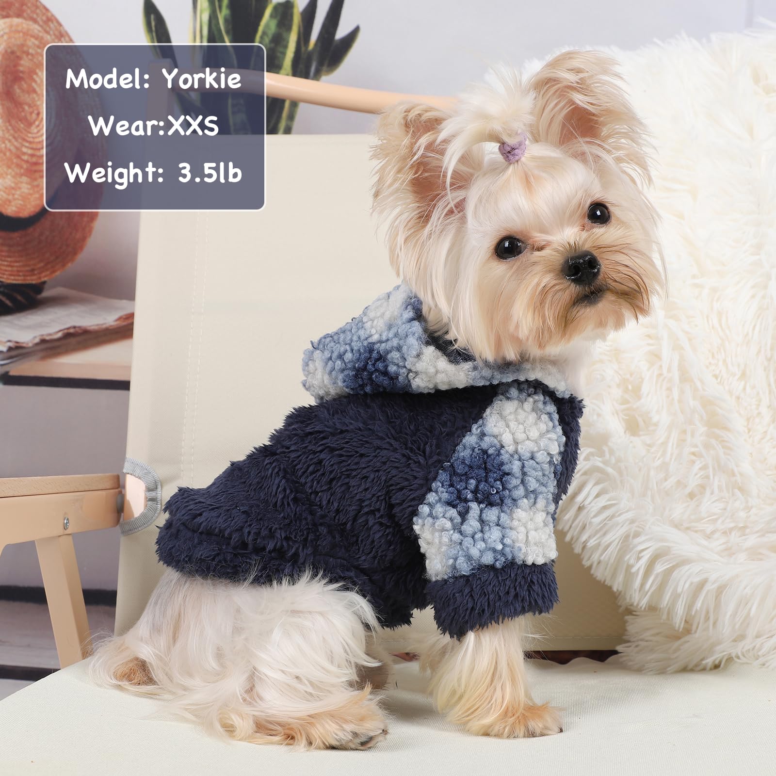 Fleece Dog Sweater Hoodie Warm Fuzzy Velvet Sweaters Winter Clothes For Small Dogs Girl Boy (Blue, Small)