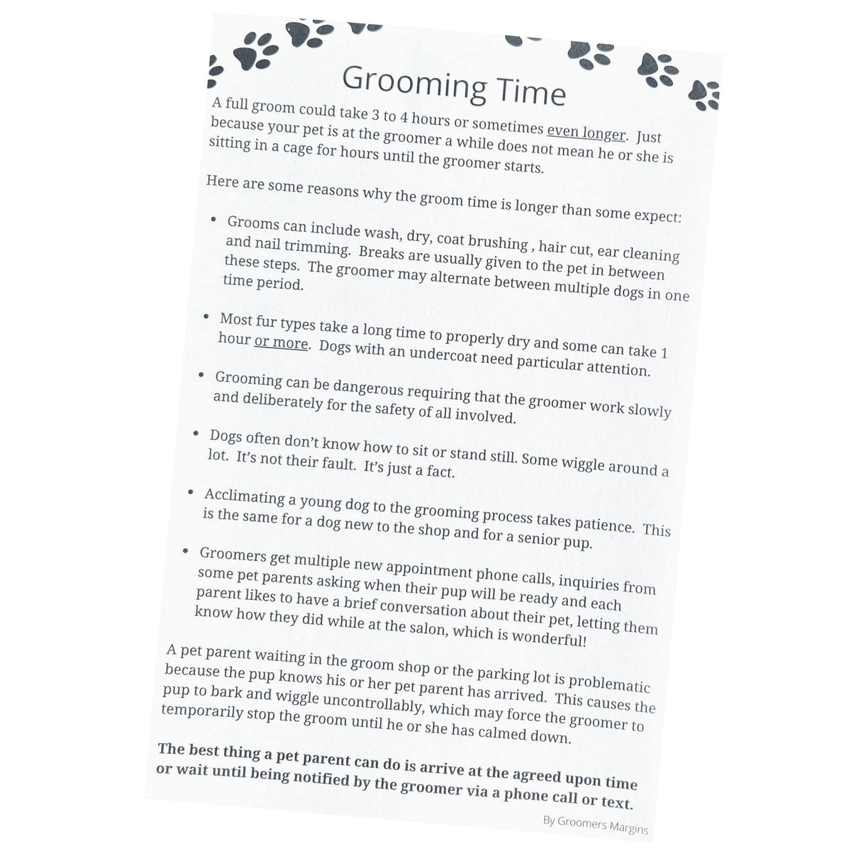 Grooming Time Pad (100 Sheets, 5.5' X 8.5') Describes Why A Dog Groom Takes 3 To 4 Hours Or More