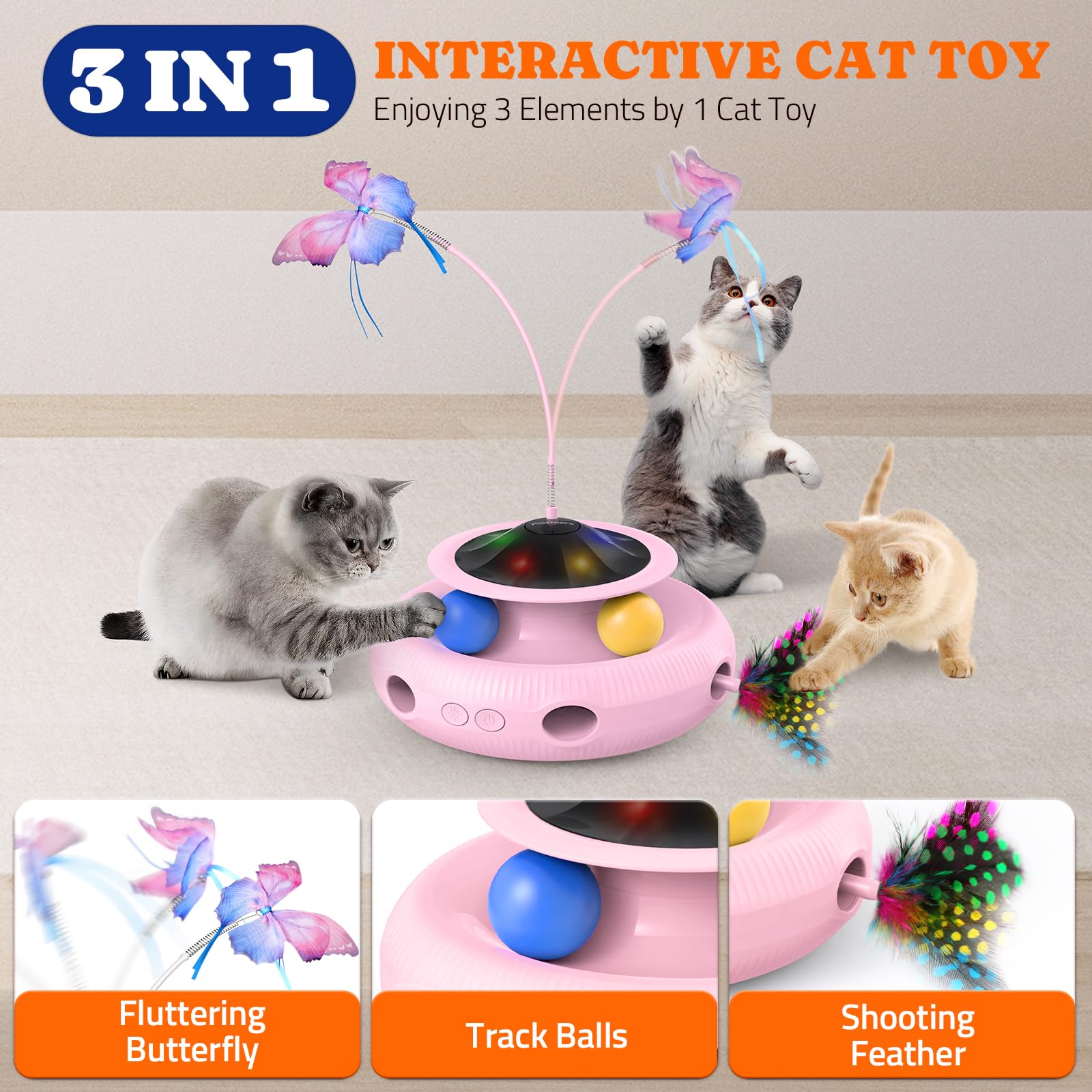 Interactive Cat Toy: 3 In 1 Automatic Cat Toy For Indoor Cats, Electric Kitten Toy With Rechargeable Battery, Self Play Kitty To