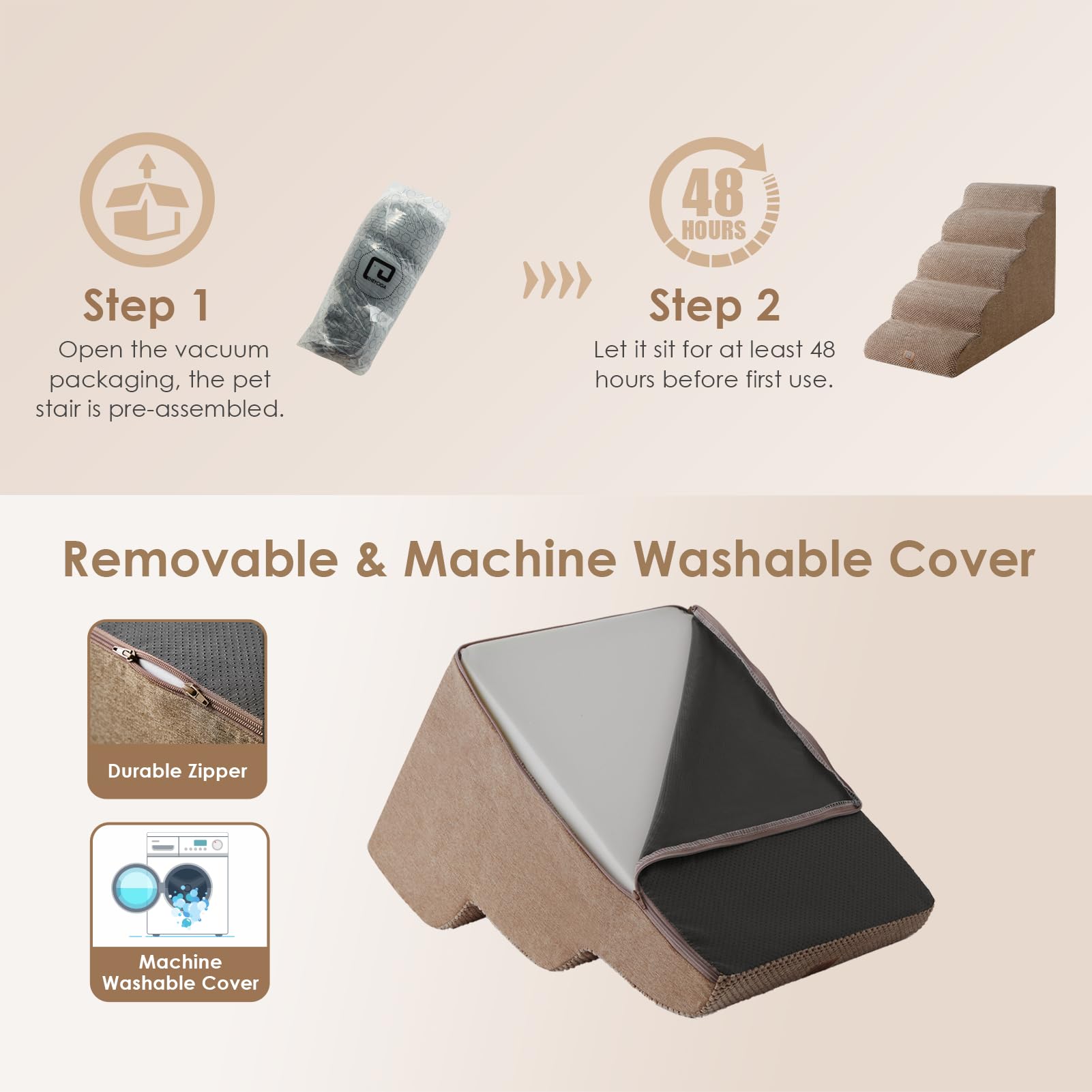 Eheyciga Curved Dog Stairs Ramp For High Beds 22.6' H, 5-Step Dog Steps For Small Dogs And Cats, Pet Stairs For High Bed Climbing, Non-Slip Balanced Pet Step Indoor, Camel