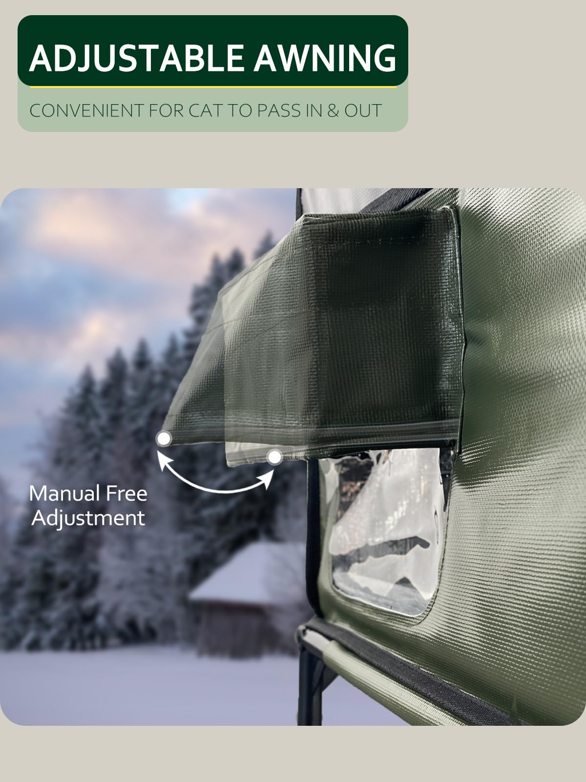 Lublacet Heated Cat House, Insulated & Waterproof, Adjustable Awning, Escape Door, Indoor/Outdoor, Dark Green, 13''X17''X20''