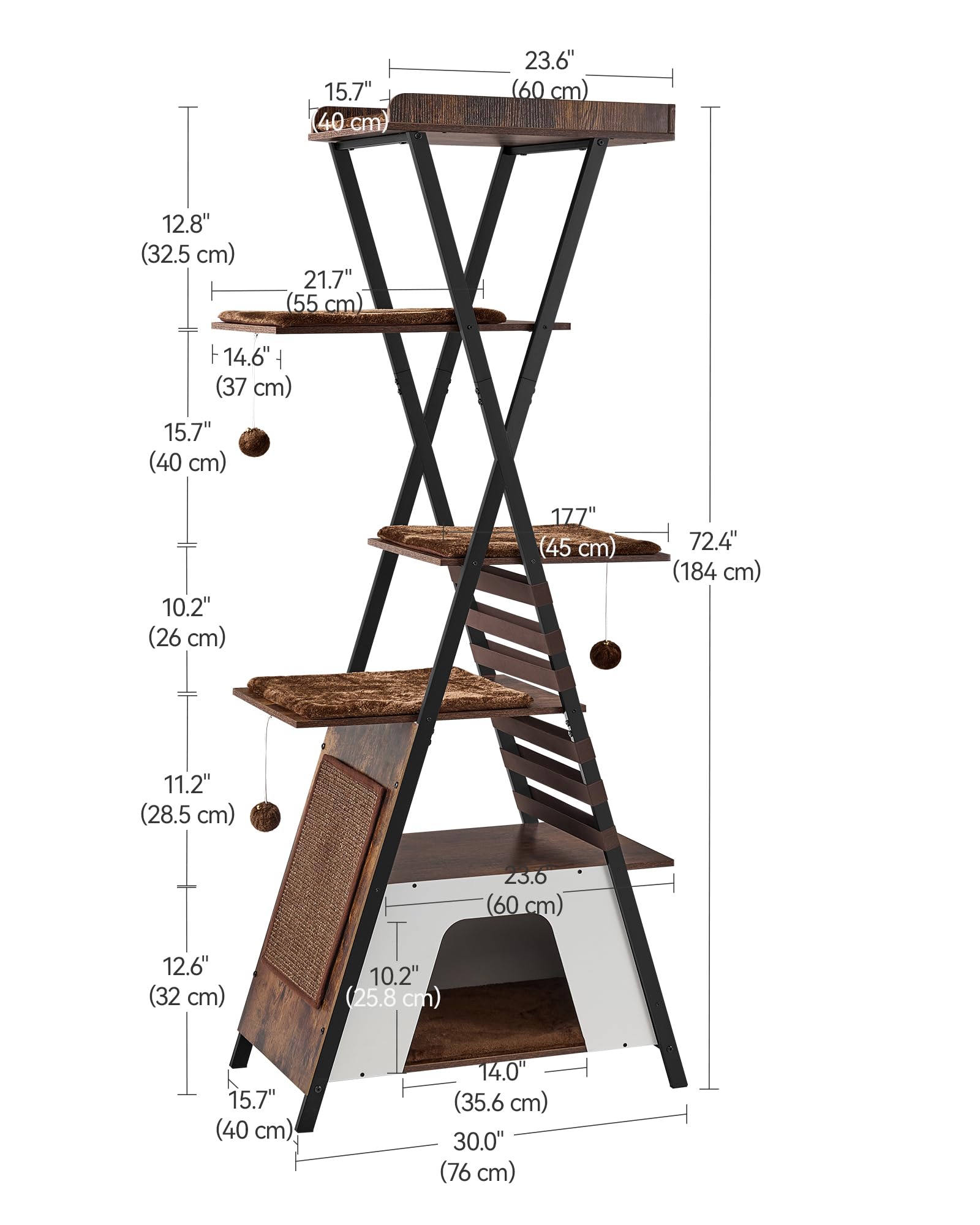 Fourfurpets 72.4'' Modern Cat Tower For Indoor Cats - Multi-Level Condo With Caves, Tall Tree With Scratching Board, Wooden Towe