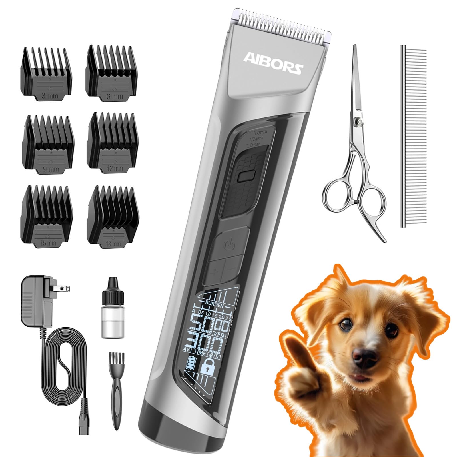 Aibors Dog Clippers For Grooming, 5-Speed Dog Grooming Clippers With Lcd Display, Low Noise, Cordless Pet Hair Clippers Trimmer 