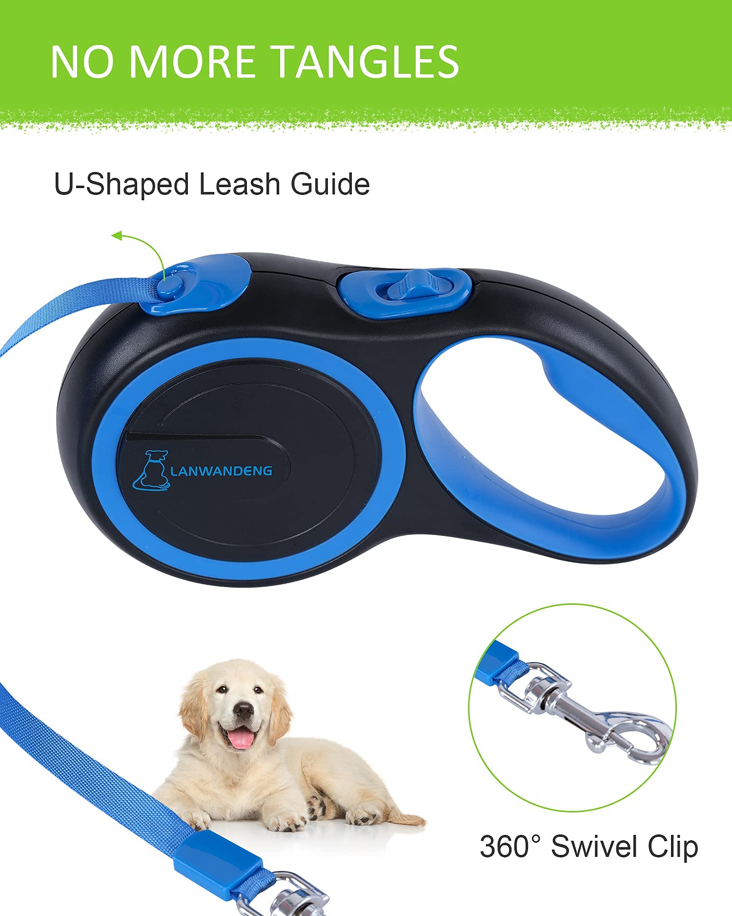 26Ft Chew Proof Retractable Dog Leash With 2 Heavy Duty Anti-Chewing Wire Ropes, 360 Tangle-Free Dog Lead With Anti-Slip Handle
