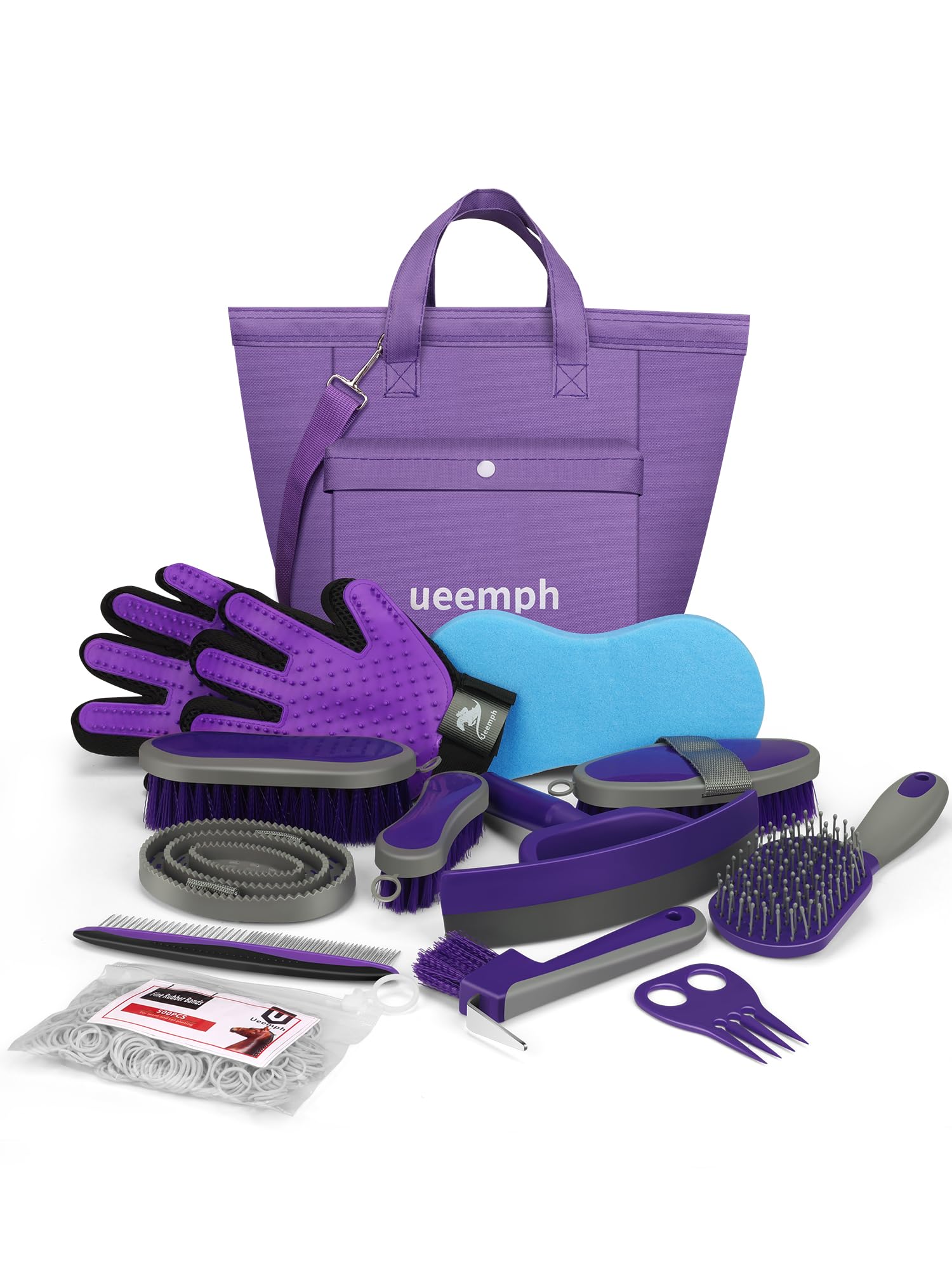 Ueemph Horse Grooming Kit (12-Piece): Brushes, Storage Bag, Sweat Scraper, Mane Comb, Grooming Gloves - Purple Horse Gifts For G
