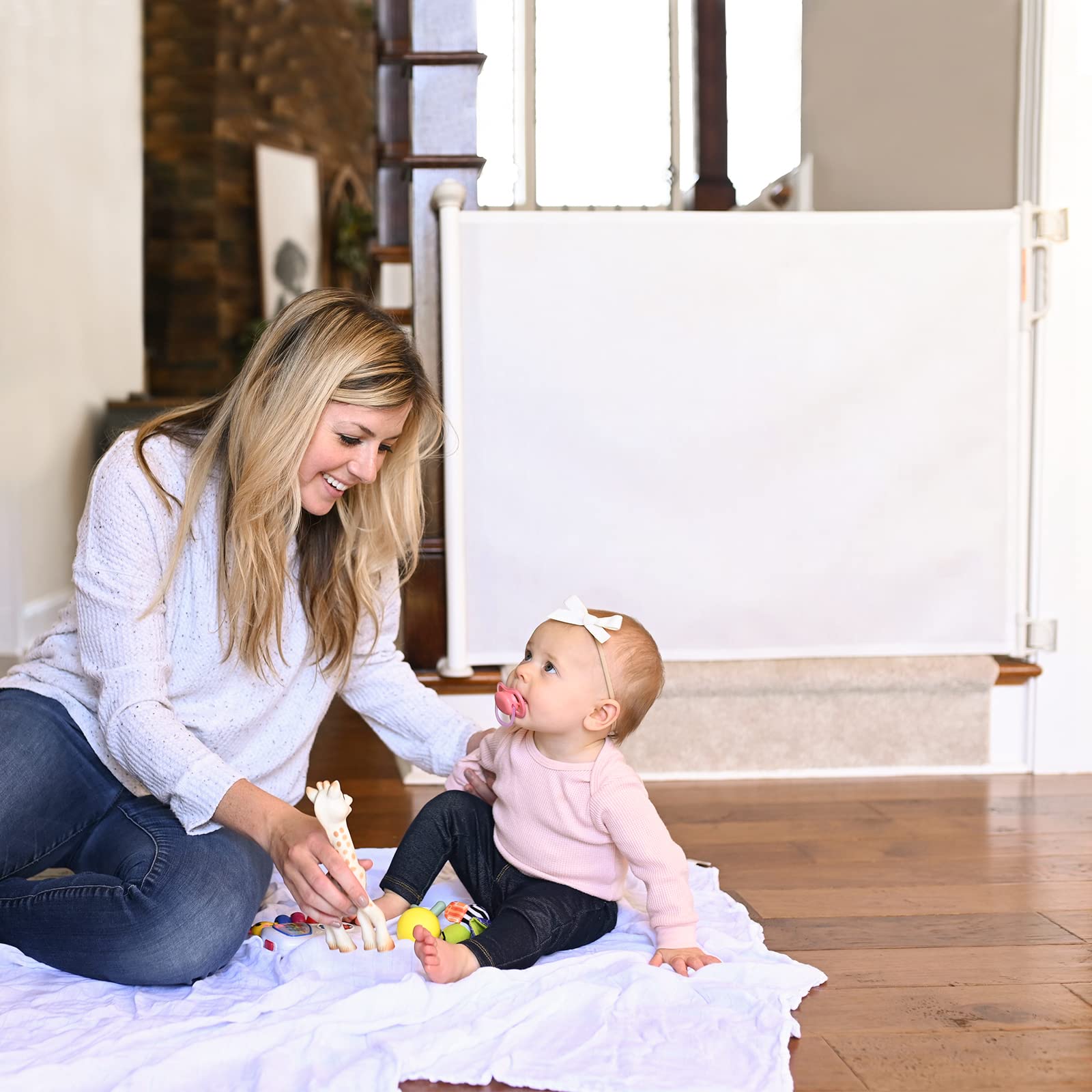 Momcozy Retractable Baby Gate - Extra Wide 33" Tall x 71" Wide, White, Polyester, Ideal for Stairs, Doorways, Indoor/Outdoor Use
