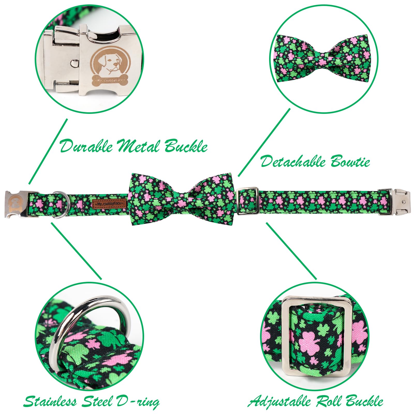 Mr. Chubbyface St.Patrick'S Pink Green Clover Dog Collar With Bowtie, Cute Clovers Shamrock Metal Buckle Dog Collar, Adjustable