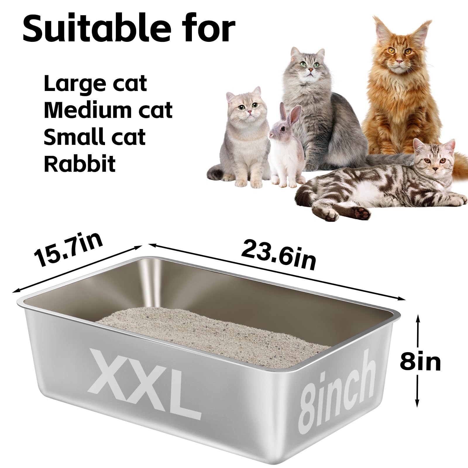 Egmehoad Stainless Steel Cat Litter Box 2 Pack,Metal Litter Box For Big Cats 8In Deep, Metal Pet Toilet Easy To Clean,High Sided