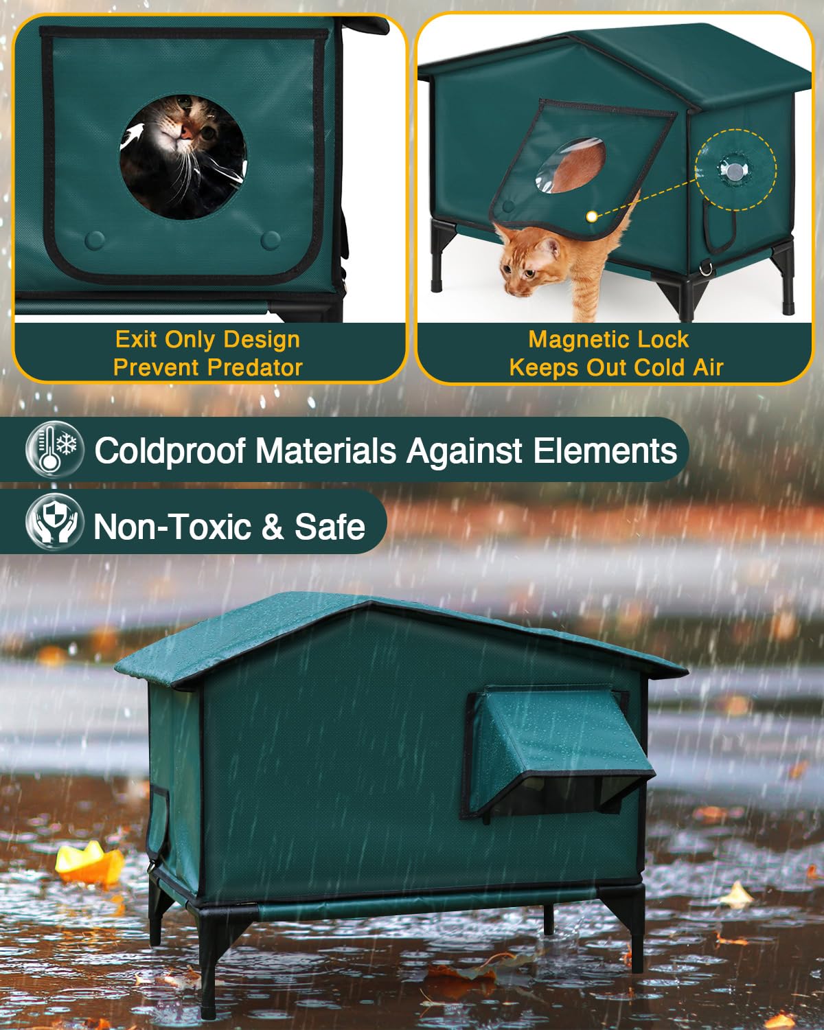 Highly Sturdy Heated Cat House For Outside Cats In Winter, Safe Escape Door, 100% Waterproof Awning, Elevated Feral Cat House Sh