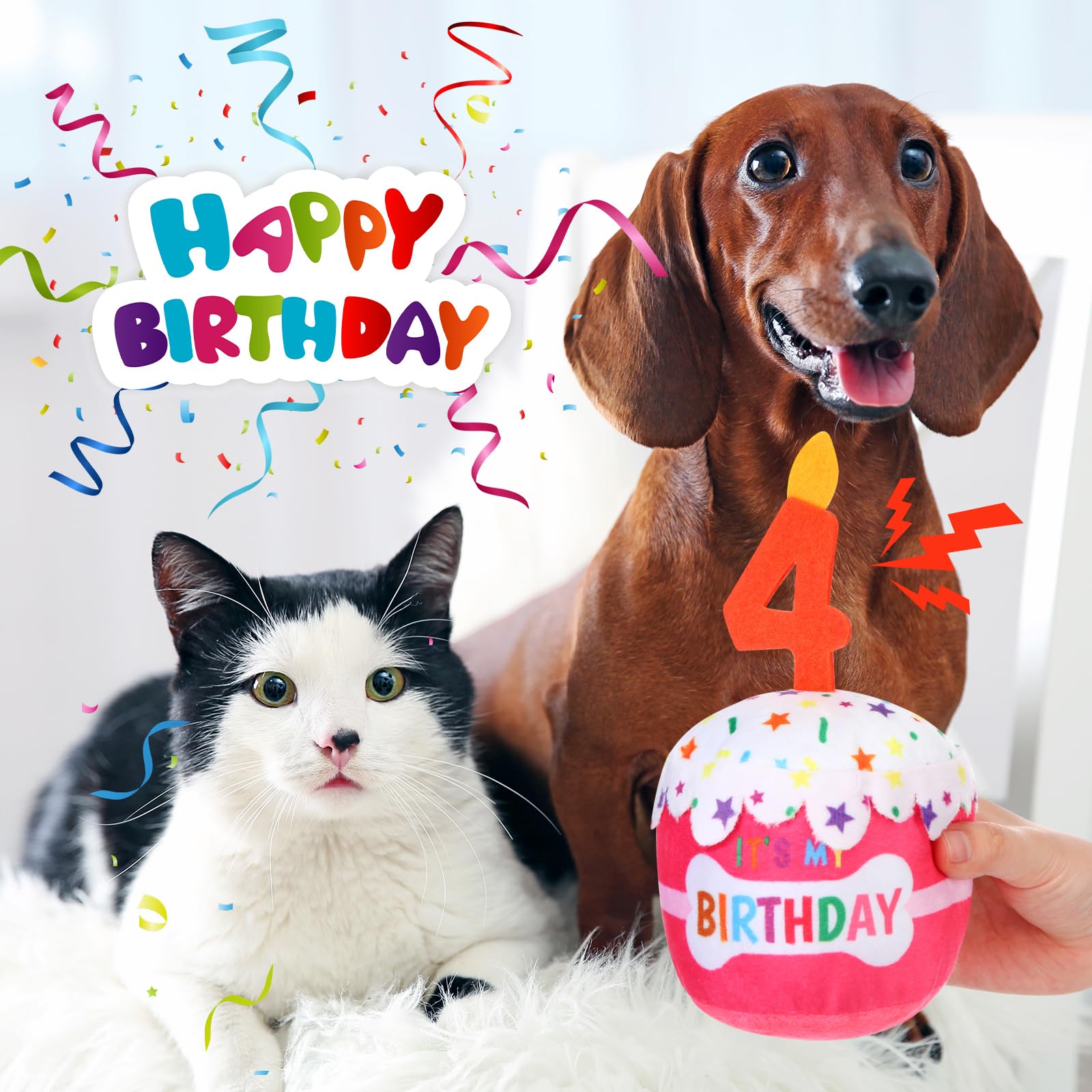 Dansydaisy Dog 4Th Birthday Cake Toy Accessories For Girl Boy Gifts, Pink Squeaky Plush Toy For Dog Birthday Party Decor Favor F