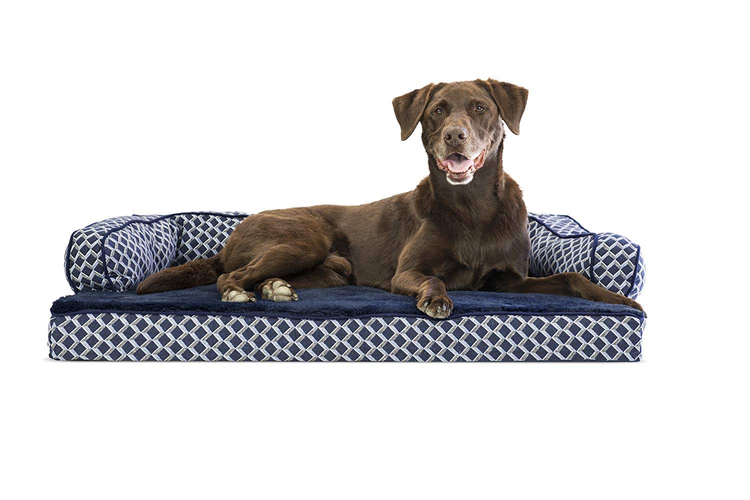 Furhaven Orthopedic Dog Bed For Large/Medium Dogs W/ Removable Bolsters & Washable Cover, For Dogs Up To 55 Lbs - Plush & Woven Decor Comfy Couch Sofa - Diamond Blue, Large