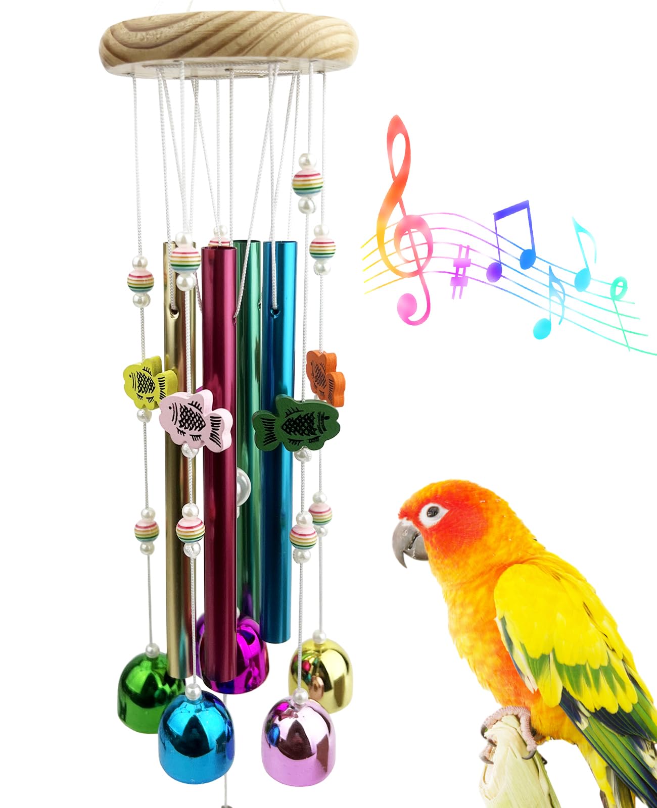 FlidRunest Bird Chewing Toys with Colorful Bells, Conure Wind Chimes Chew Toy with Colorful Stick, Bird Parrot Cage Hanging Bell