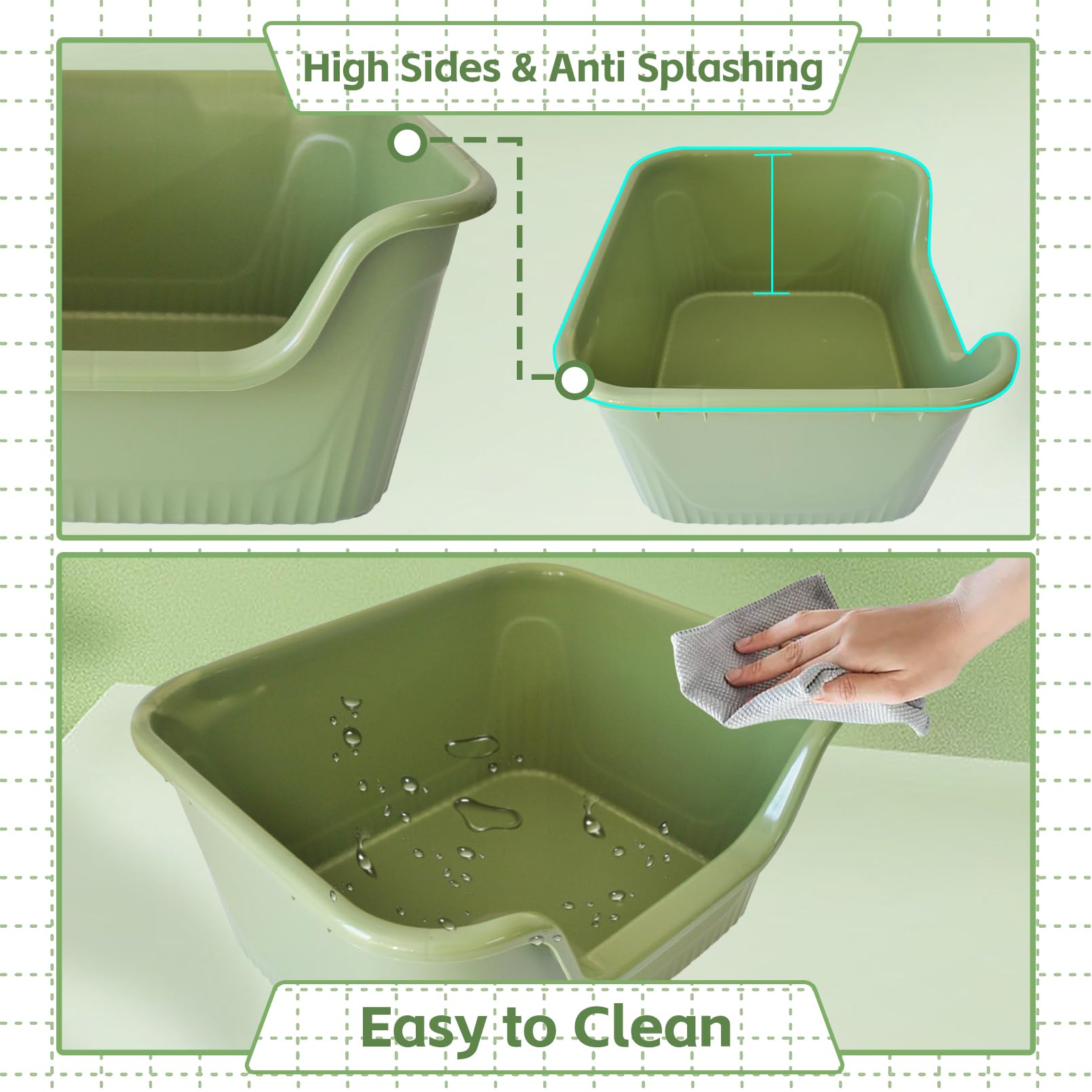 MUYG Large Cat Litter Box, Green, 21.45x16.14x10.43 IN, High Sides, Easy Clean, Low Entry, Polypropylene, Model BHG053