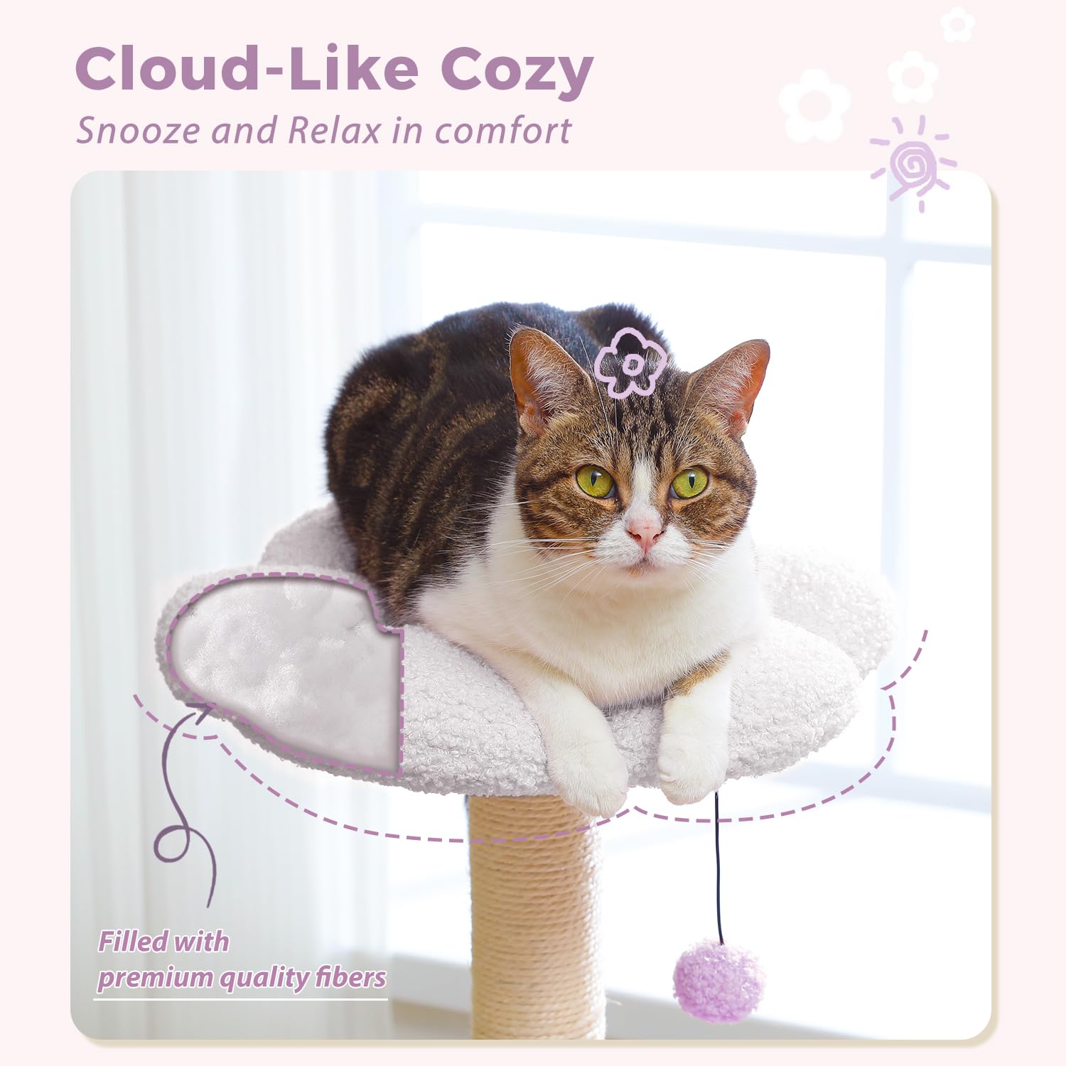 PAWZ Road Cat Tree,32 Inches Purple Flower Cat Tower with Sisal Covered Scratching Post, Cozy Condo, Plush Perches and Fluffy Ba