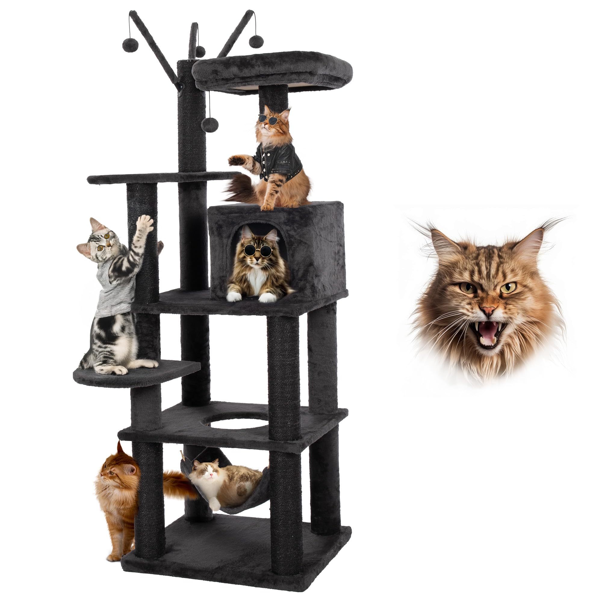 Kamaboko Gothic Cat Tree, 73.6    Black Cat Tower For Indoor Cats With Sisal Scratching Posts, Spacious Cat Condo, Self Groomer,